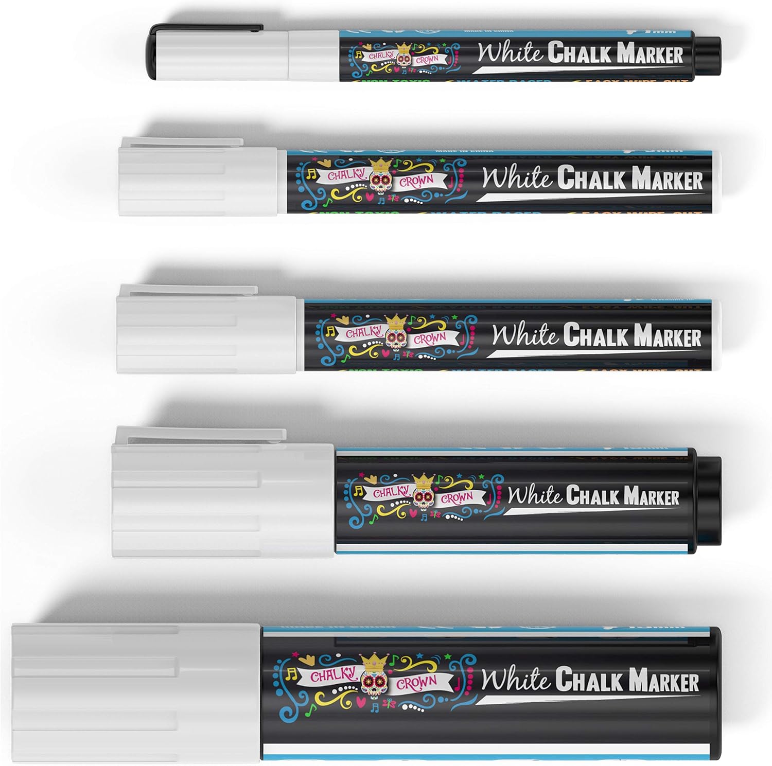 CHALKY CROWN 5pc White Chalk Markers - Non-Toxic Liquid Chalkboard Markers, White Liquid Chalk Marker for Windows, Glass - 1, 3, 6, 10, 15mm Tips