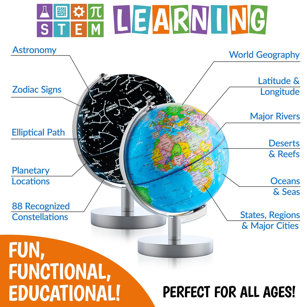 USA Toyz Illuminated Globe for Kids Learning- 3-in-1 STEM Globes of the World with Stand, Constellation Map, Built-in LED Night Light Desk Globe Lamp, Non-Tip Metal Base, 9.75” Tall, 7 Inch Diameter
