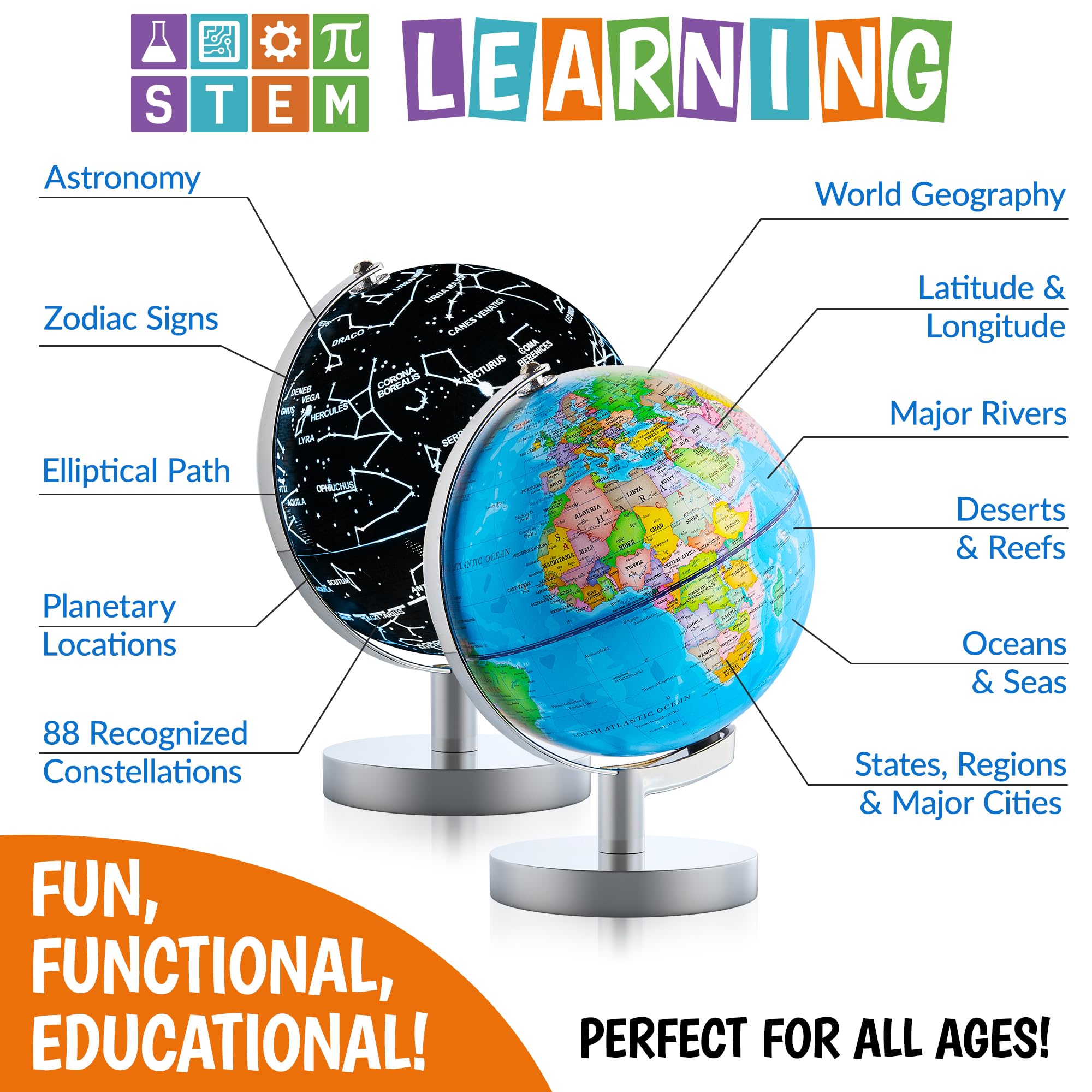 USA Toyz Illuminated Globe for Kids Learning- 3-in-1 STEM Globes of the World with Stand, Constellation Map, Built-in LED Night Light Desk Globe Lamp, Non-Tip Metal Base, 9.75” Tall, 7 Inch Diameter