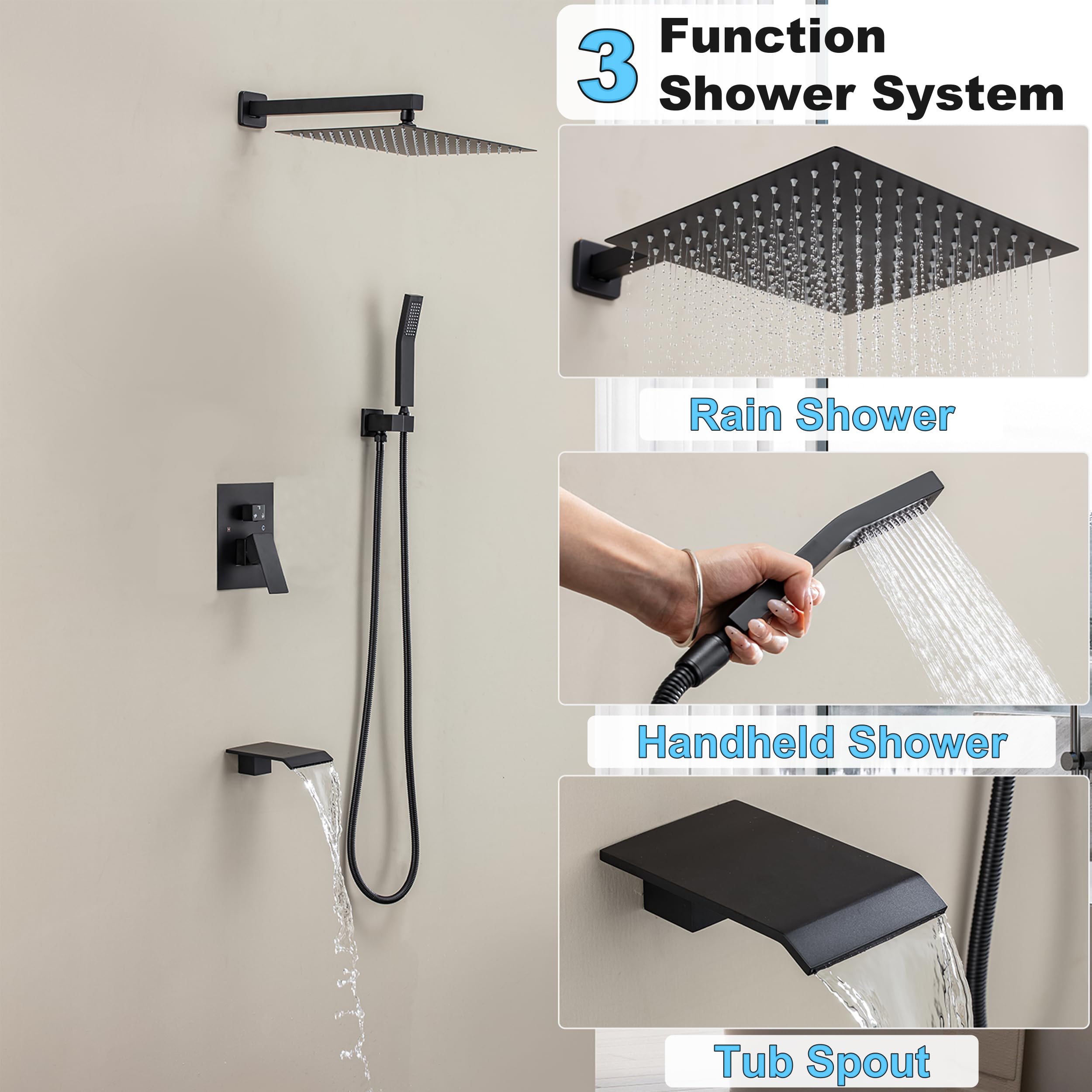 Brushed Gold Shower System with 10-Inch Rain Showerhead and Tub Spout | cUPC-certified pressure balance brass valve to prevent scalding, CEC-certified air injection technology for low pressure