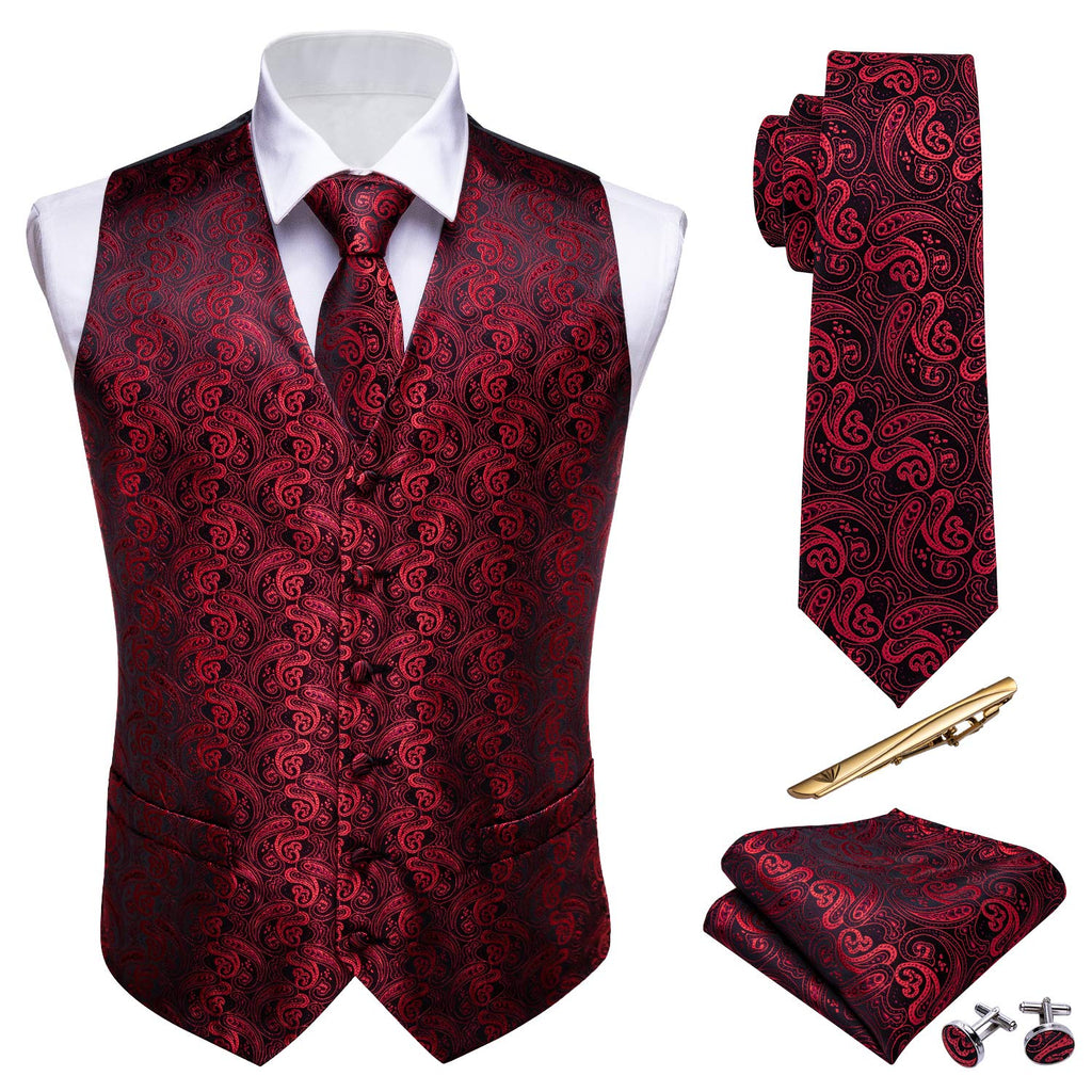 Barry.Wang Men's Suit Vest Formal/Leisure Paisley Jacquard Silk Tie Pocket Square Waistcoat Set Wedding 5PCS