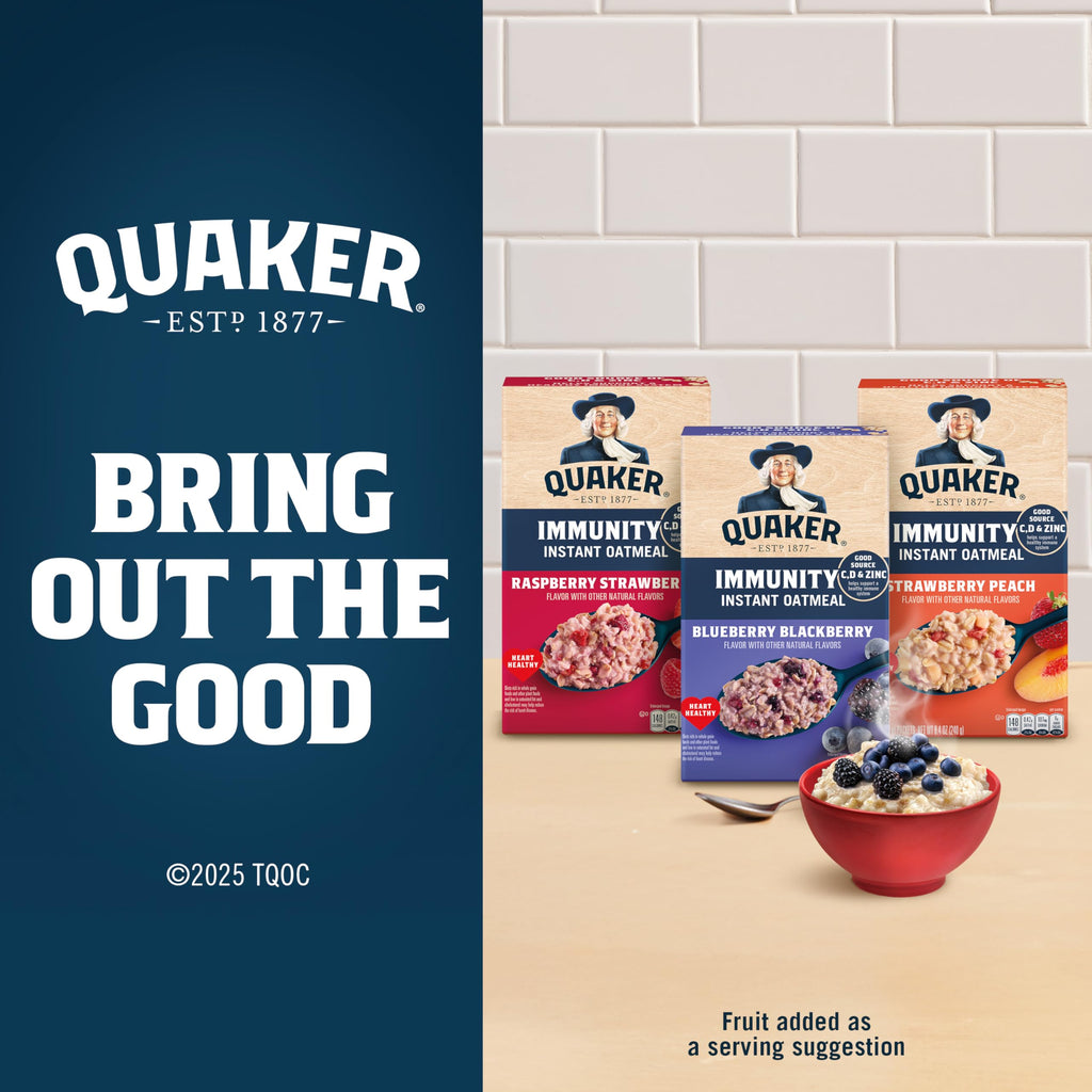 Quaker Immunity Instant Oatmeal, 3 Flavor Variety Pack, Good Source of Vitamins C, D, & Zinc, Whole Grains, No Artificial Flavors, No Colors from Artificial Sources, 1.41 oz Packets, (32 Pack)