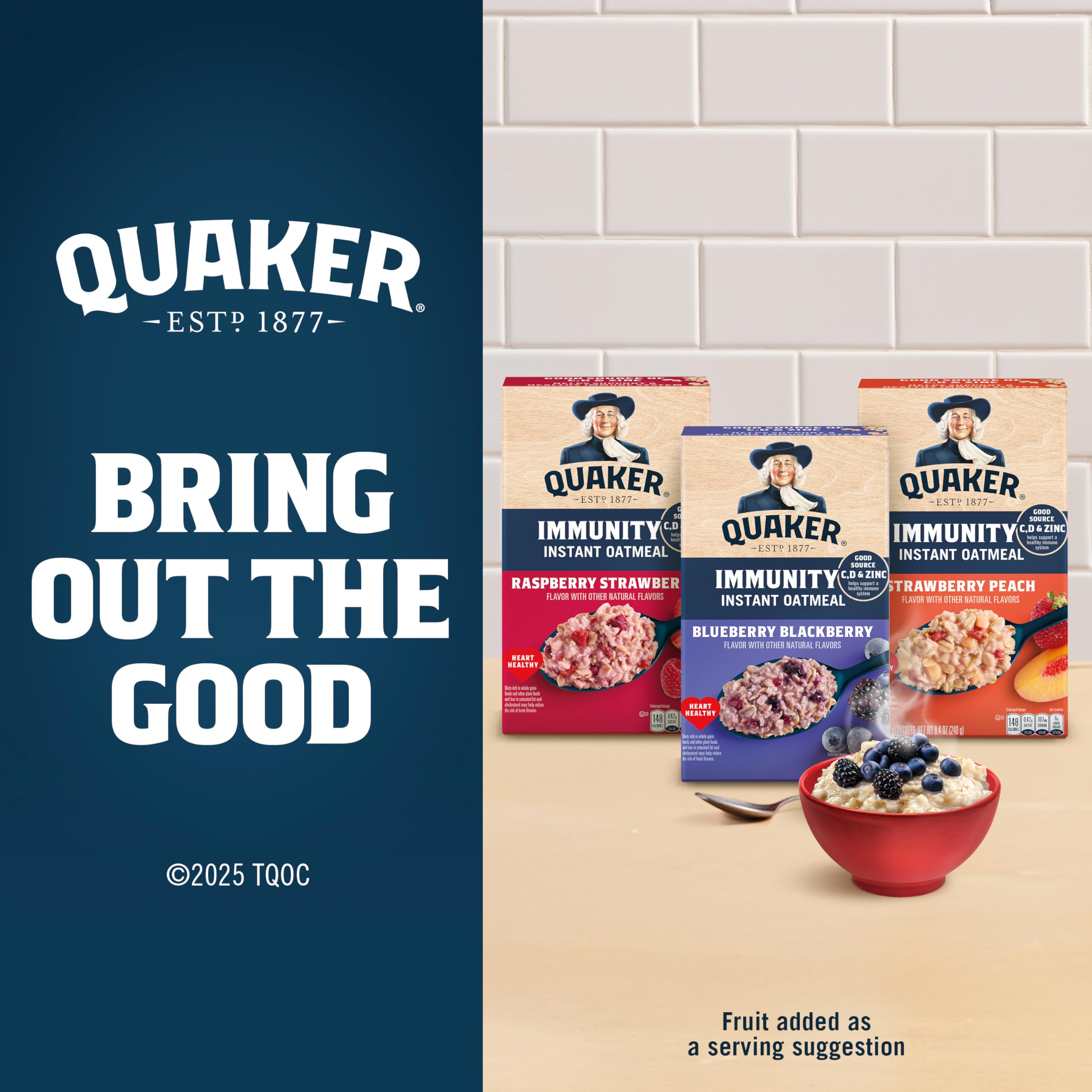Quaker Immunity Instant Oatmeal, 3 Flavor Variety Pack, Good Source of Vitamins C, D, & Zinc, Whole Grains, No Artificial Flavors, No Colors from Artificial Sources, 1.41 oz Packets, (32 Pack)