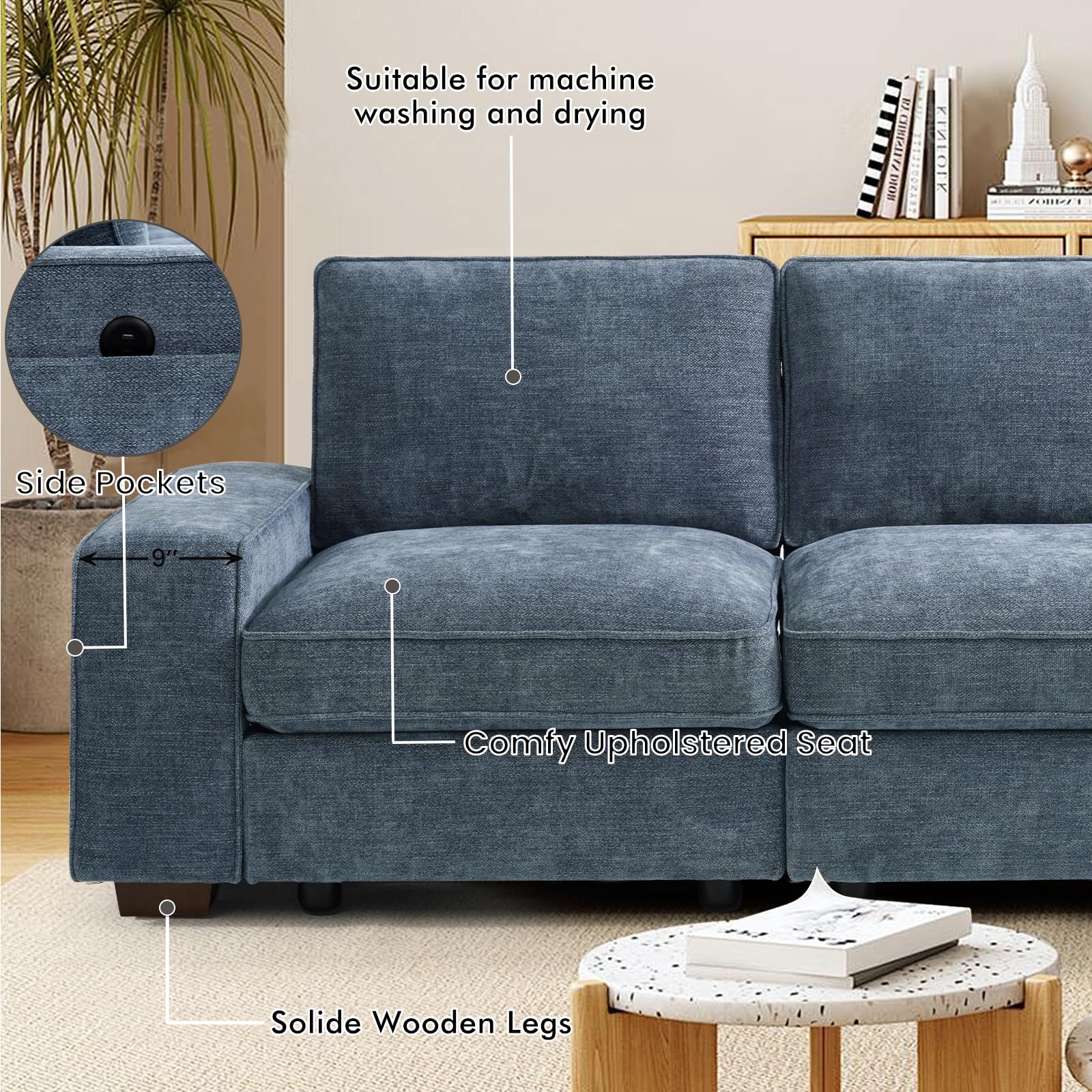 TEKAMON 100" Modular Sectional Sofa with Seats Storage, L Shaped Couch with Movable Ottoman for Living Room, Couch with Chaise, Solid Wood Frame, Spring Cushions, USB Port, Removable Covers, Beige