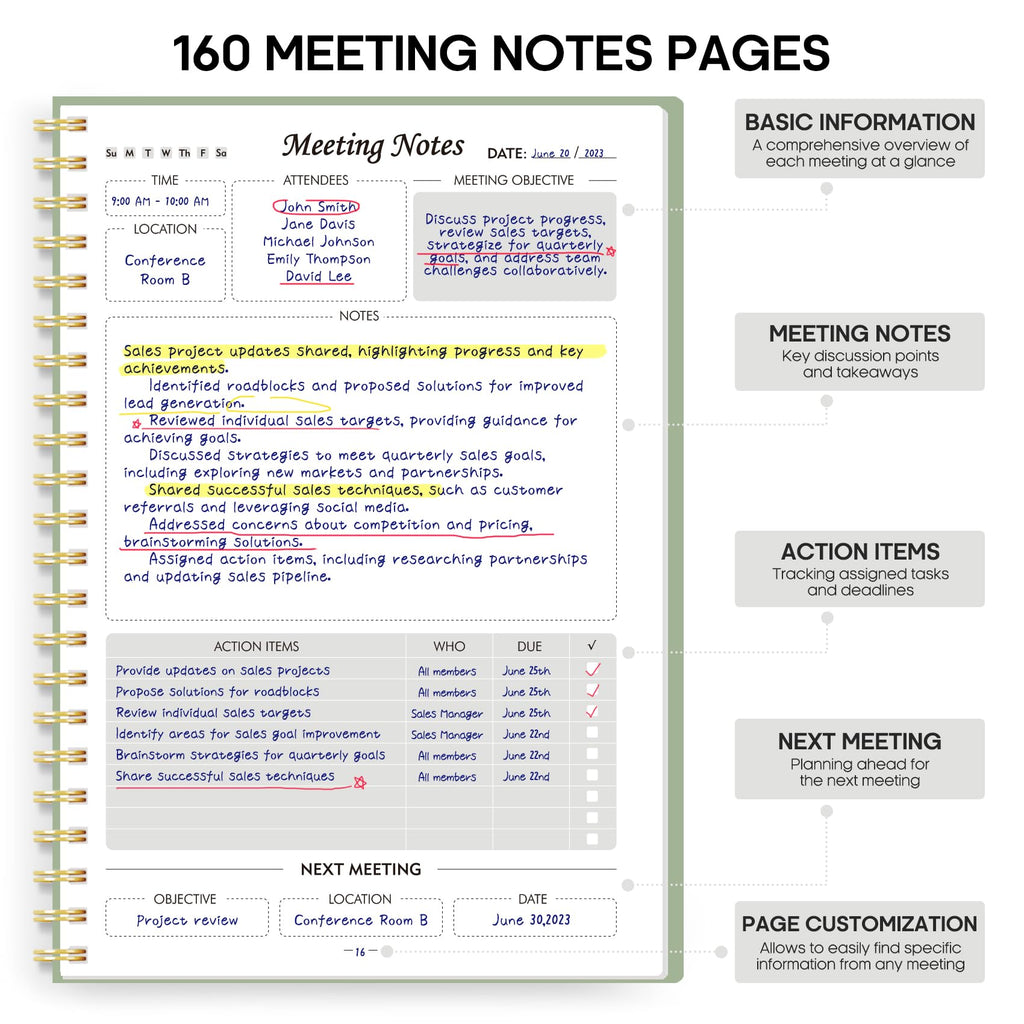 Meeting Notebook for Work Organization - Work Planner Notebook with Action Items, Agenda Planner for Note Taking, 160 Pages (6.9" X 9.9") Project Organizer for Men & Women - Pink