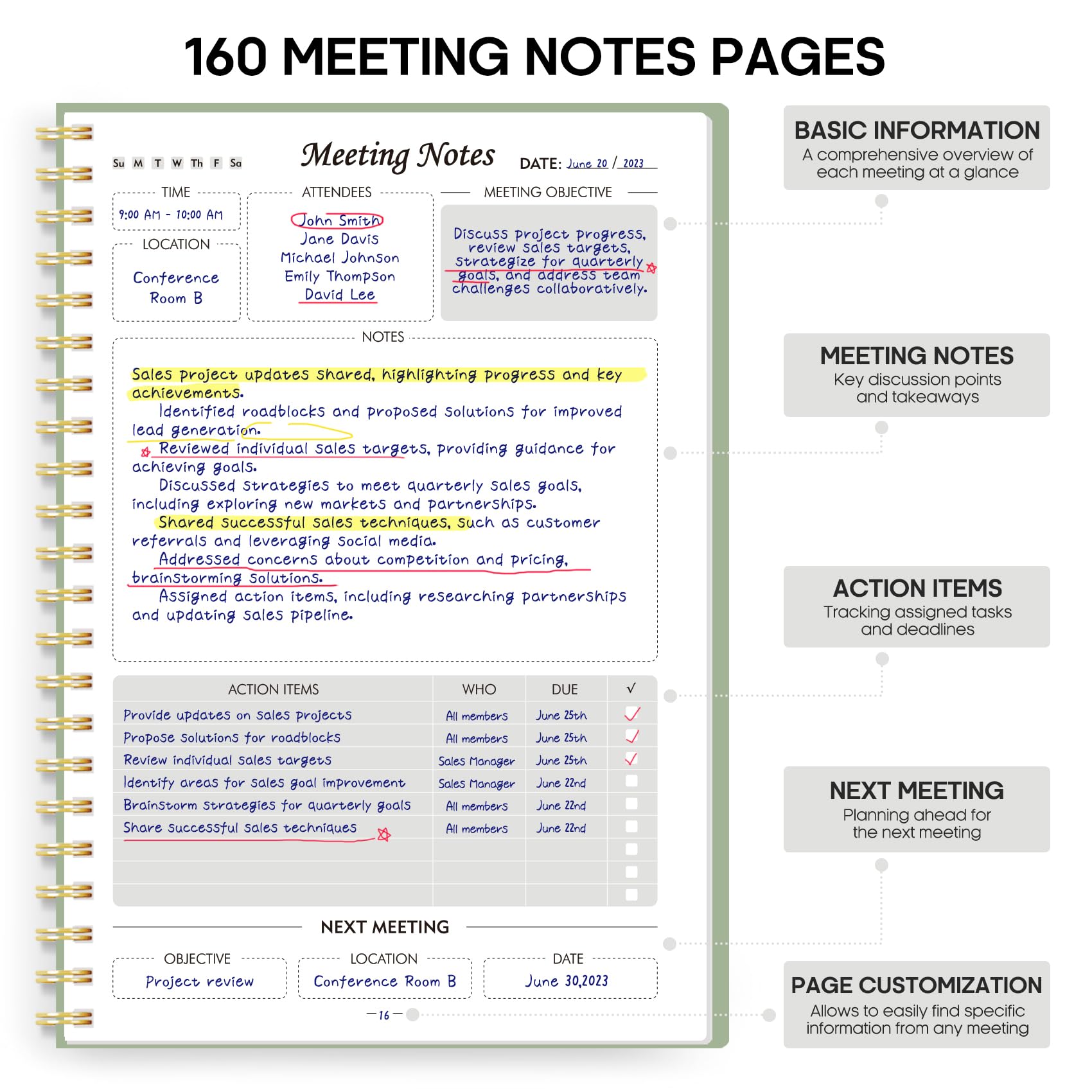 Meeting Notebook for Work Organization - Work Planner Notebook with Action Items, Agenda Planner for Note Taking, 160 Pages (6.9" X 9.9") Project Organizer for Men & Women - Pink