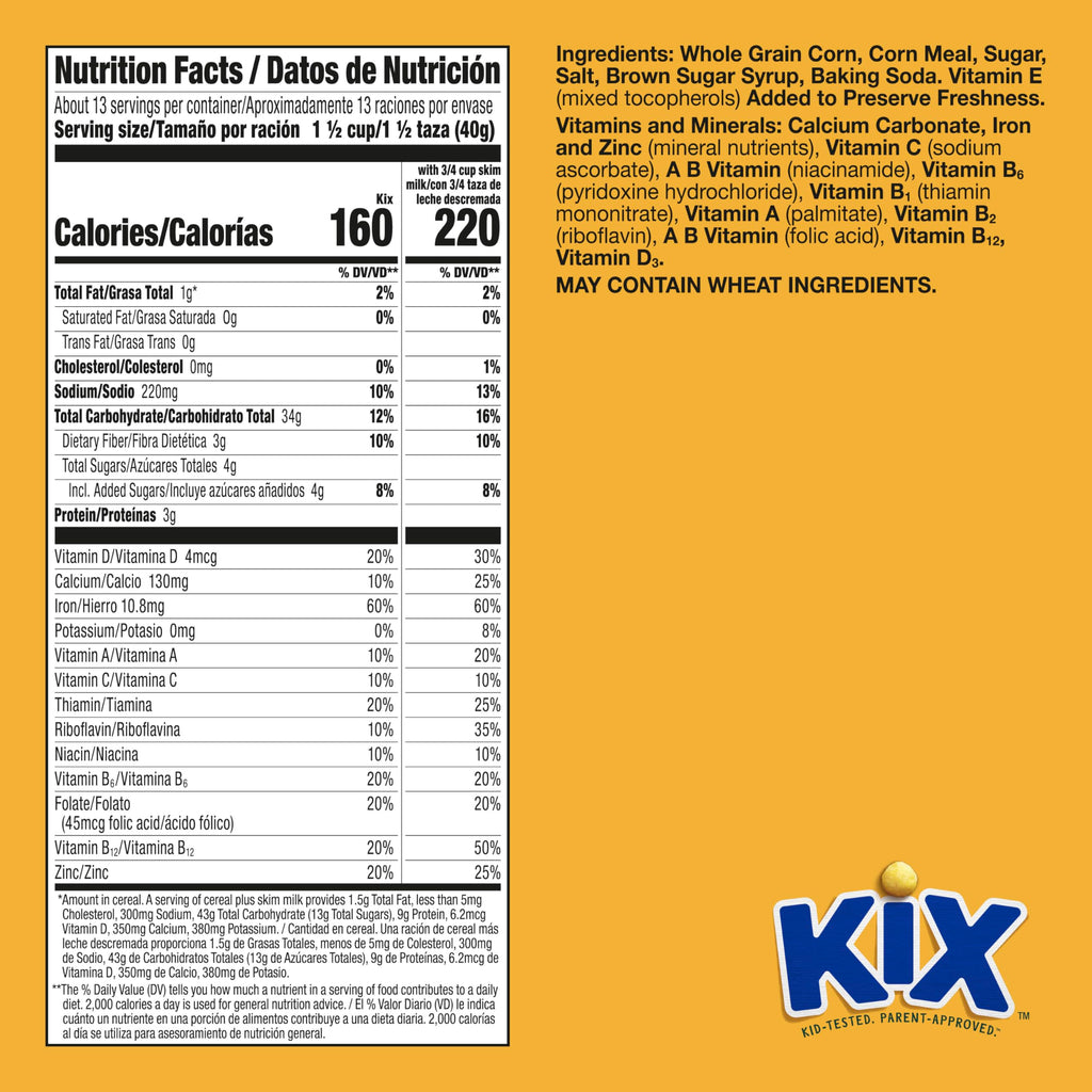 Kix Whole Grain Breakfast Cereal, Crispy Corn Cereal Puffs, 12 oz