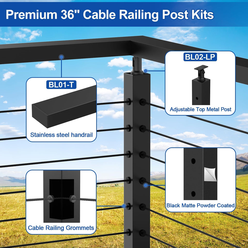 BLIKA 36" Cable Railing Corner Post, 304 Stainless Steel, 2-Side Drilled Adjustable Top Corner Post, Surface Mount Matte Black Cable Railing System Corner Post