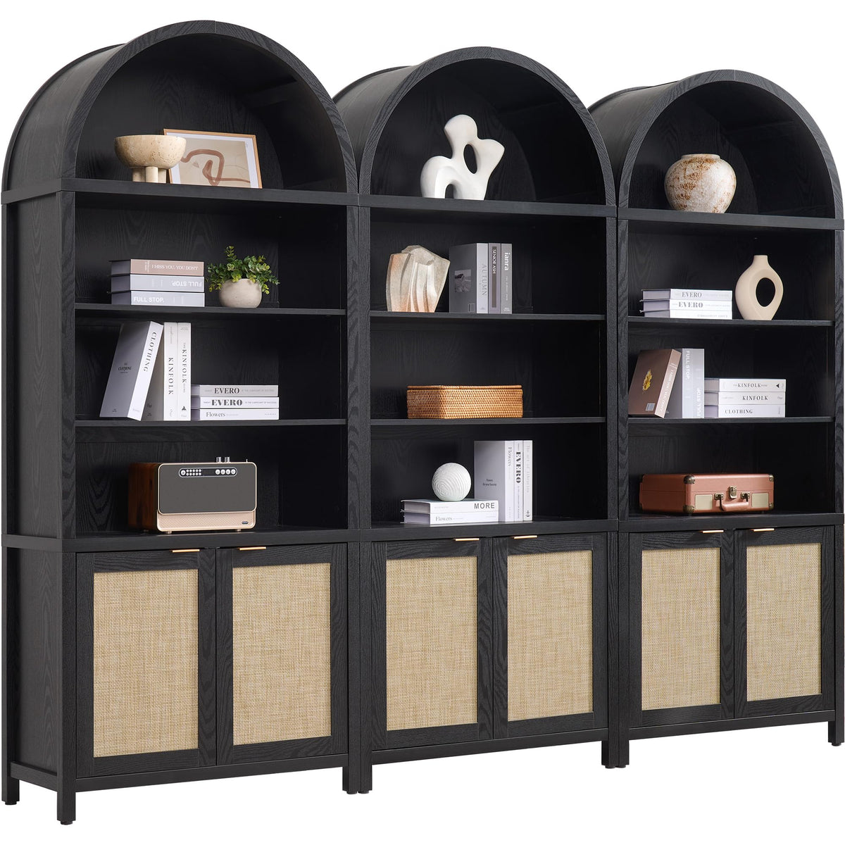 SICOTAS Book Shelf Arched Cabinet Bookshelf Arch 84.2" Tall Bookcase 5 Tier Large Bookshelves with Doors Storage Rattan Boho Wide Book Shelves Case for Living Room Kitchen Office Bedroom Library