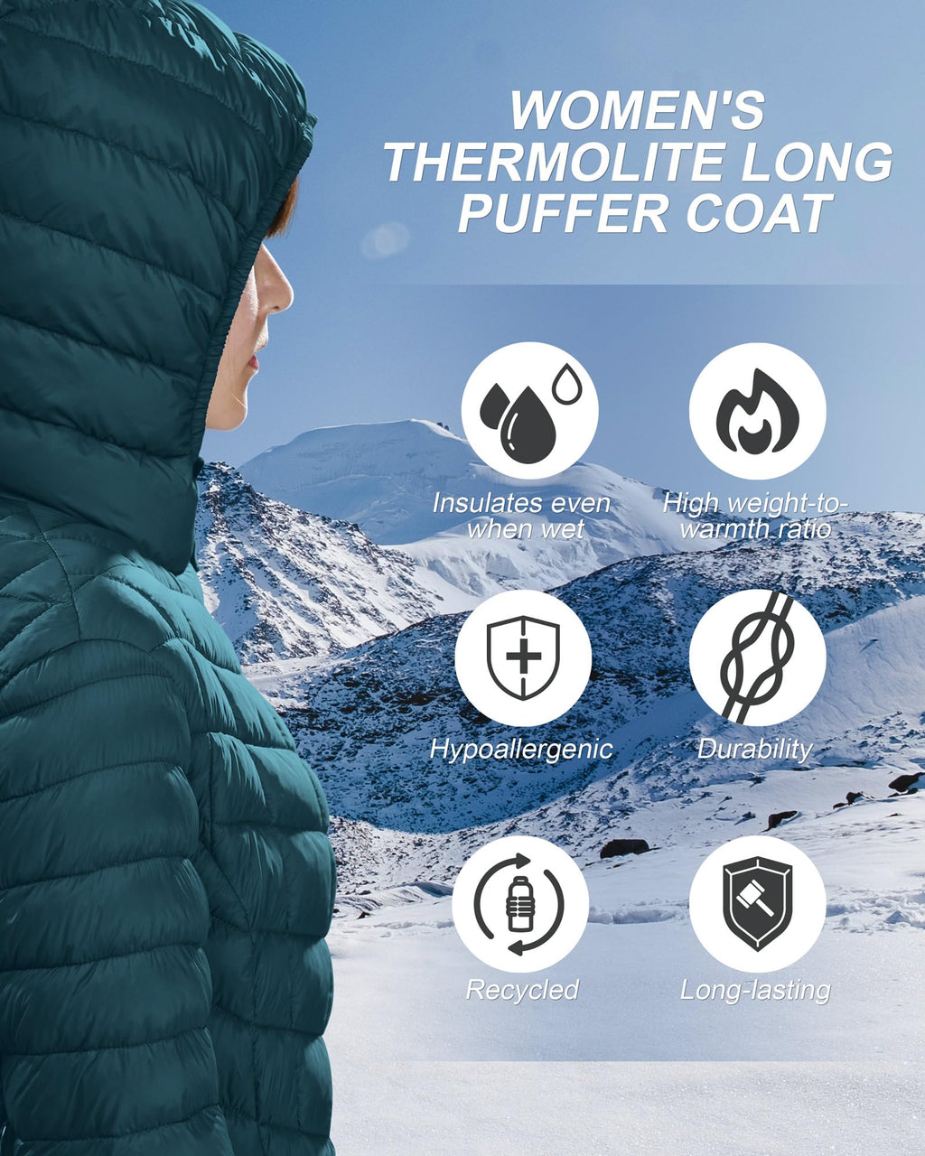 Outdoor Ventures Women's Maryan Hooded Ultra Lightweight Warm Thermolite Long Puffer Coat