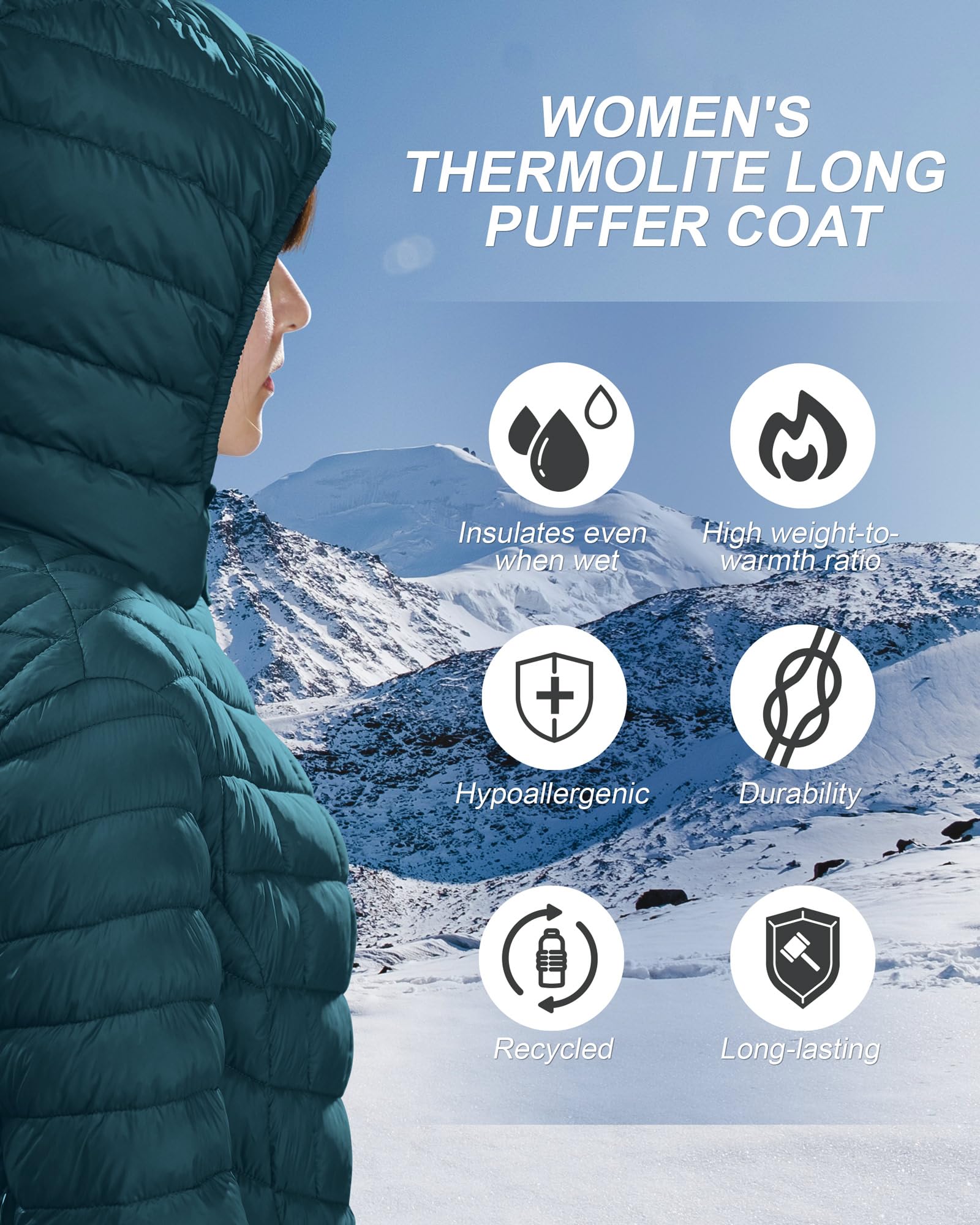 Outdoor Ventures Women's Maryan Hooded Ultra Lightweight Warm Thermolite Long Puffer Coat