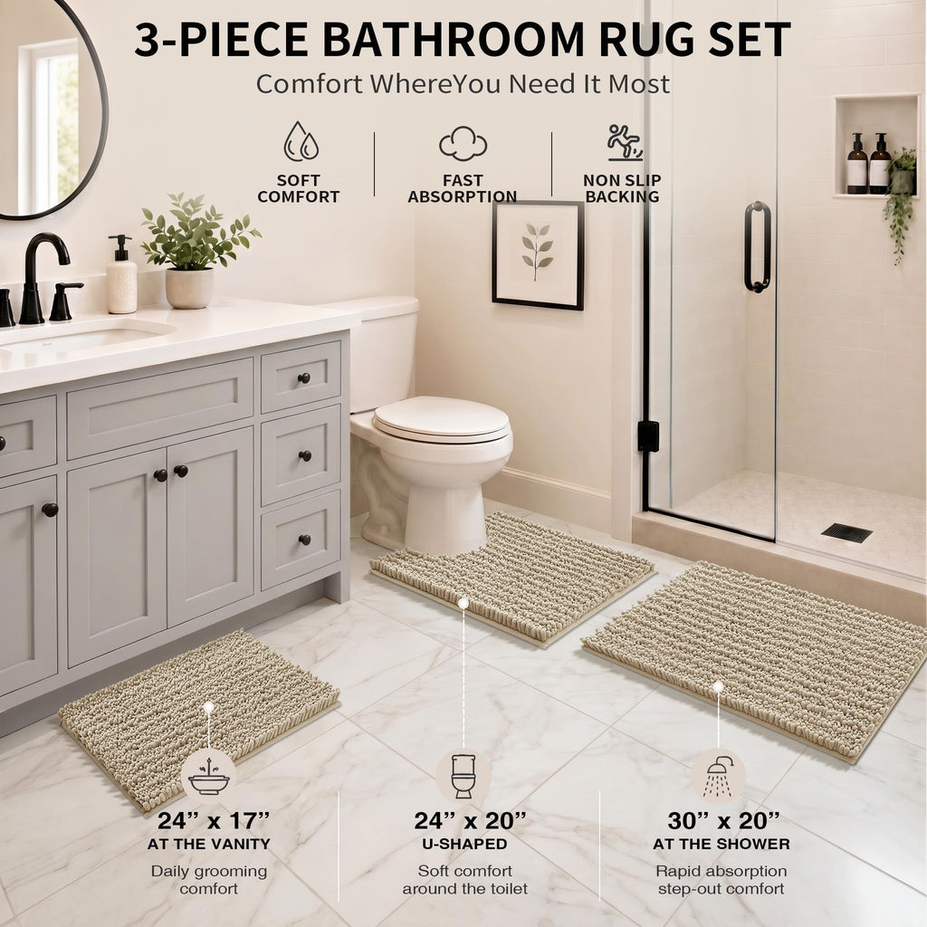 Yimobra Black Bathroom Rug Set 3 Piece - Super Absorbent Quick Dry Chenille Bath Mats & Toilet Rug, Non Slip Machine Washable, Extra Thick Shaggy Floor Mat for Shower Tub Sink