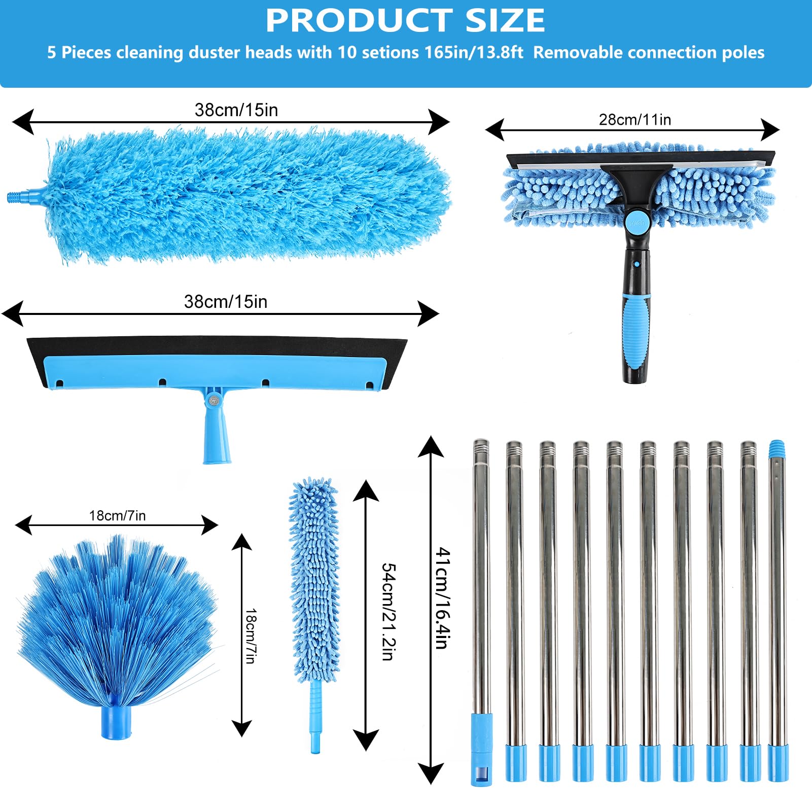 Ceiling Fan Cleaner Duster Reusable Microfiber Removable Duster with Extension Pole Adjusts 12 to 71 Inch for Cleaning Walls Bookshelves Furniture Door Window Top (Blue)