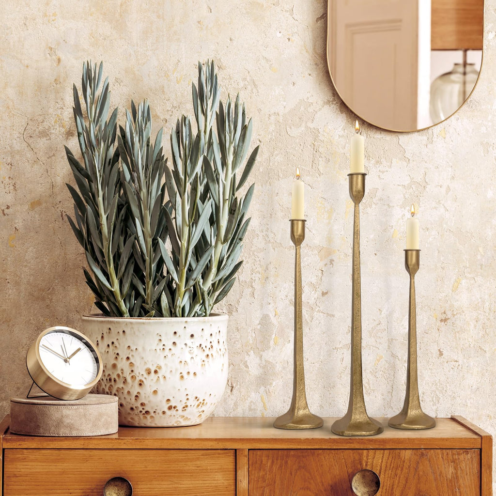 Iron Taper Candle Holder Set of 3 - Decorative Tall Candle Stand, Candlestick Holder for Wedding, Dining Table, Party Decoration (Antique Brass)