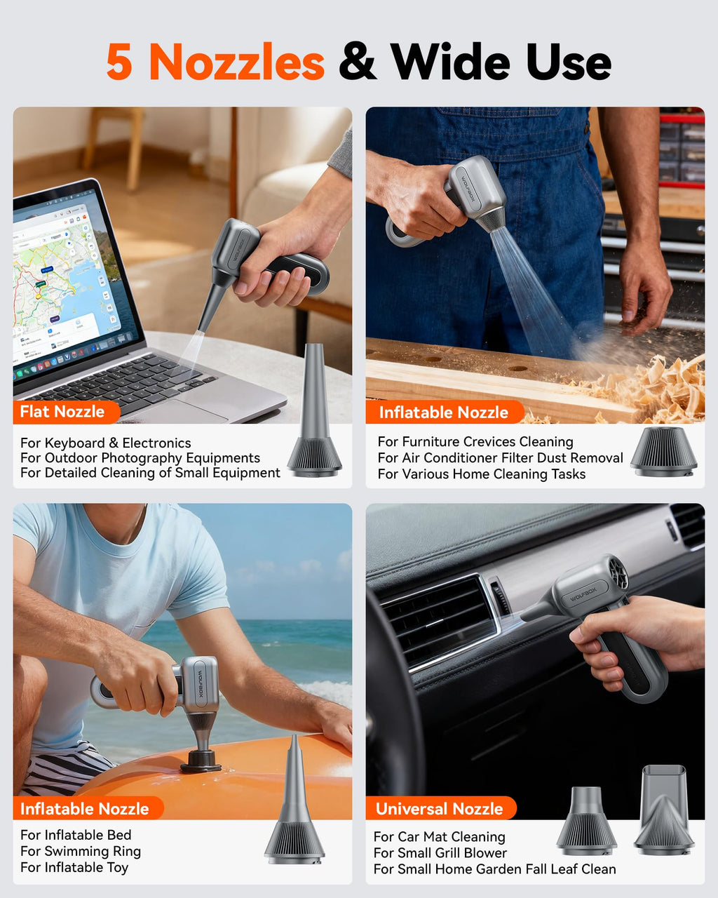 WOLFBOX MF60&MF70 Compressed Air Duster-110000RPM Super Power Electric Air Duster, 3-Speed Adjustable Rechargeable Cordless Air Blower with Fast Charging for PC Keyboard Cleaning, Car, Home (Black)