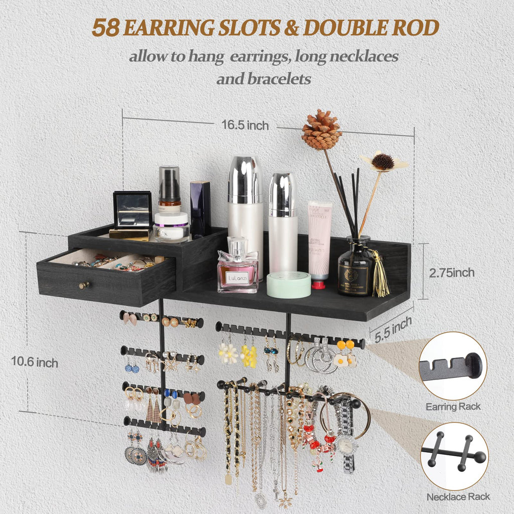 VINAEMO Jewelry Organizer Hanging Wall Mounted Jewelry Holder with Rustic Wood Drawer & Large Capacity Storage Shelf Rack Display for Earrings Rings Necklaces Bracelet(Black)
