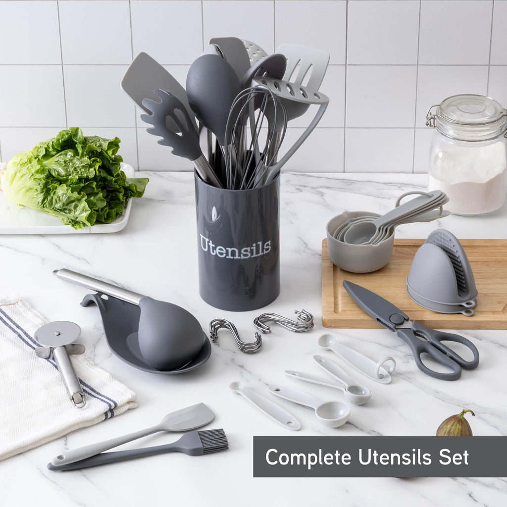 COOK WITH COLOR Silicone Cooking Utensils, Kitchen Utensil Set, Easy to Clean Silicone Kitchen Utensils, Cooking Utensils for Nonstick Cookware, Kitchen Gadgets Set with Holder, 10 Pieces