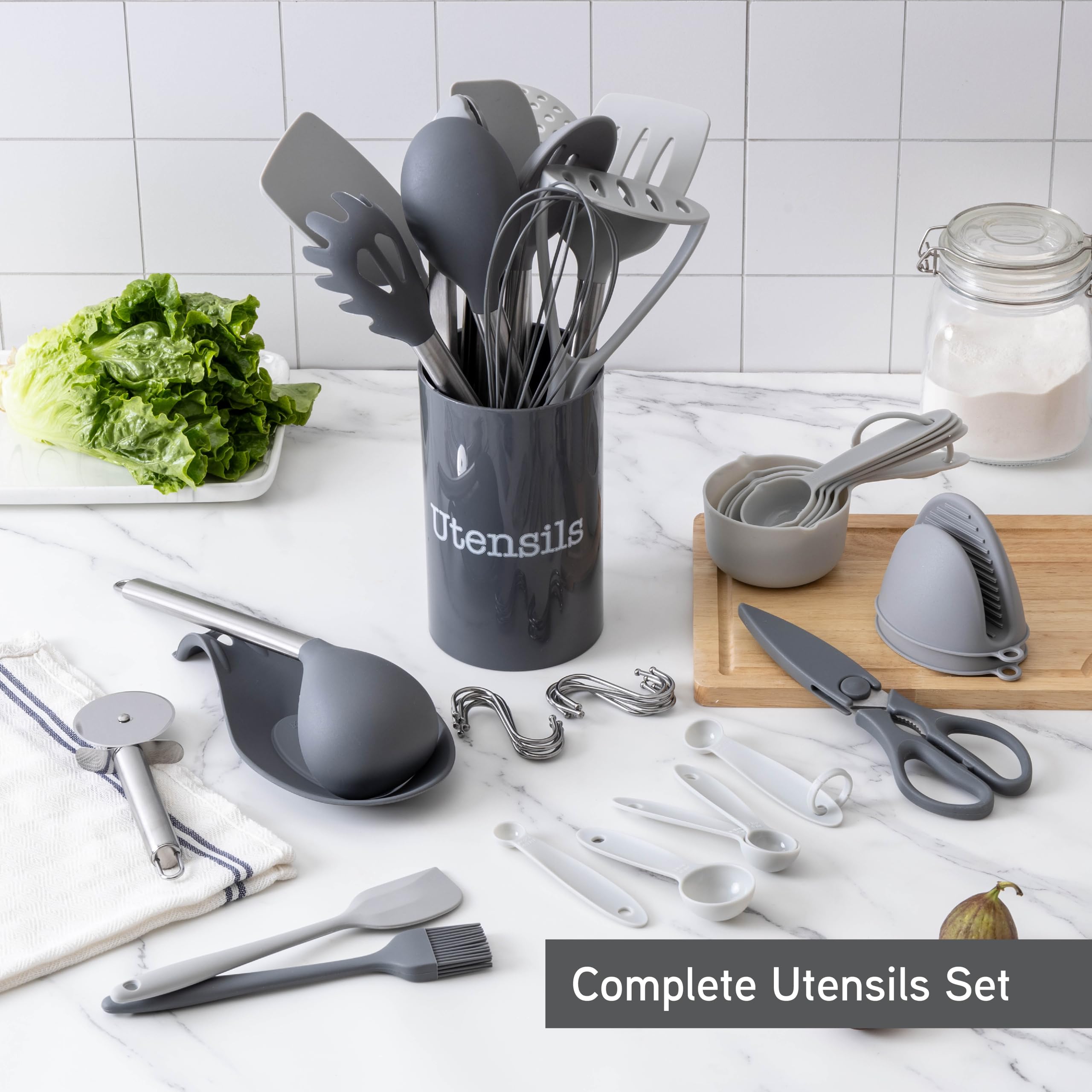 COOK WITH COLOR Silicone Cooking Utensils, Kitchen Utensil Set, Easy to Clean Silicone Kitchen Utensils, Cooking Utensils for Nonstick Cookware, Kitchen Gadgets Set with Holder, 10 Pieces