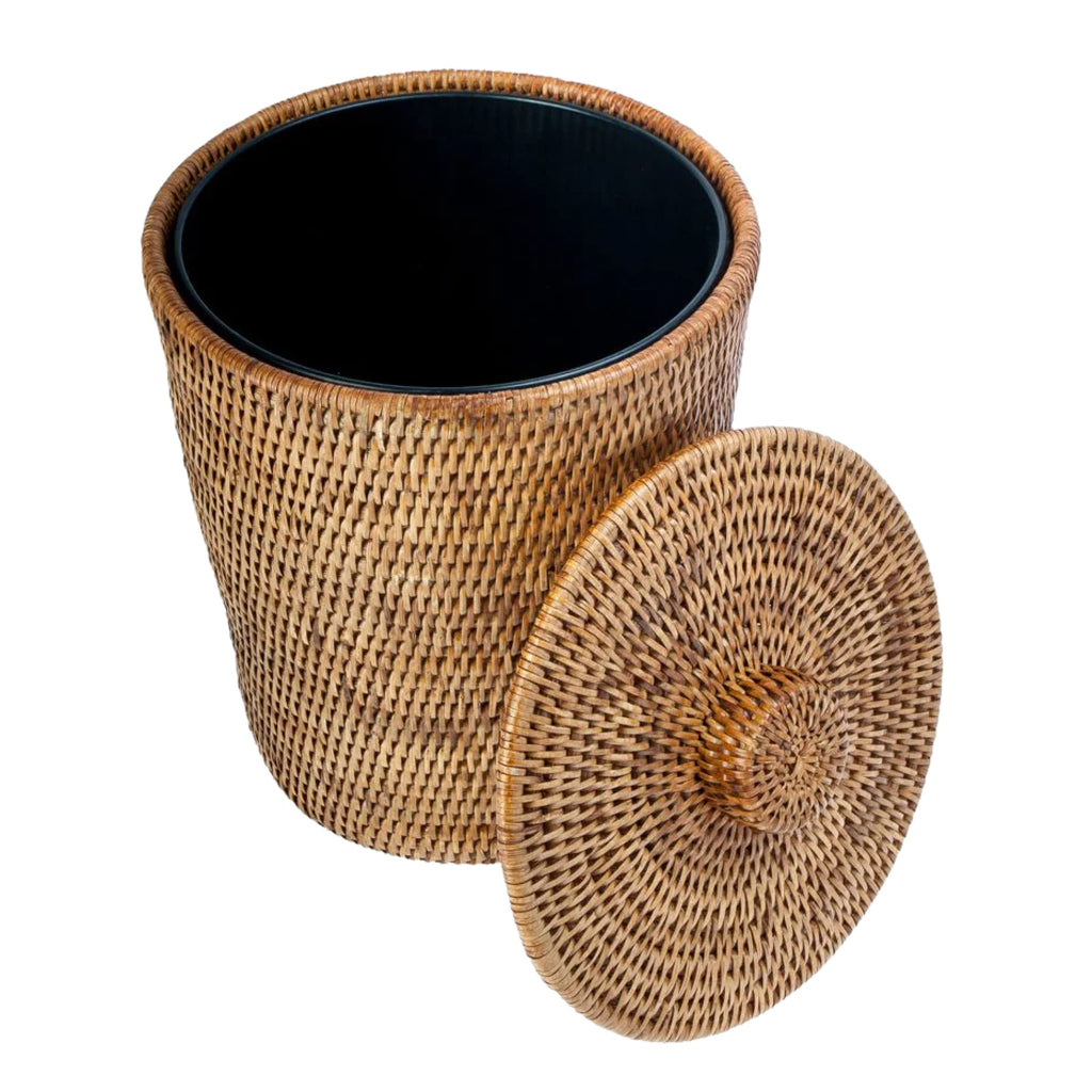 Kouboo La Jolla Rattan Round Waste Basket with Lid & Plastic Insert Black Wash