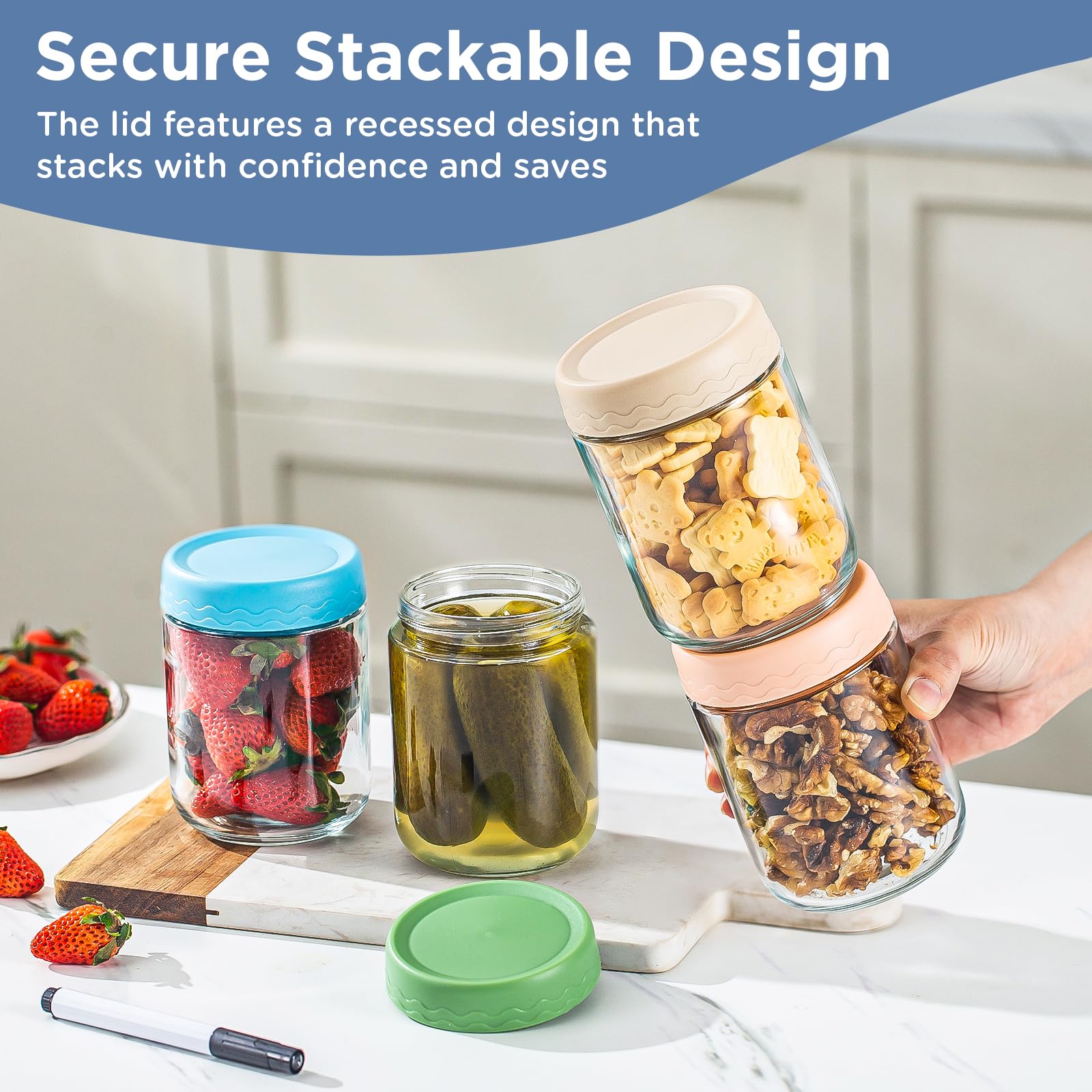 DRKIO 10 Oz Overnight Oats Containers with Lids - 4 Pack Glass Storage Jars with Airtight Lids Wide Mouth Mason Food Jars Great for Meal Prep Salad Chia Pudding Snacks Yogurt Sugar Spice Cereal