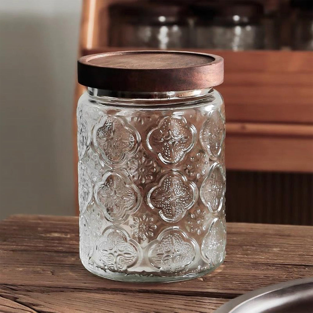 Custde Glass Storage Jars With Airtight Lid, 23.7oz Container For Kitchen Counter with Wooden Lid, brown sugar, candy, coffee, cookie, salt, tea, cute Jar (35oz Large Begonia Flowers)