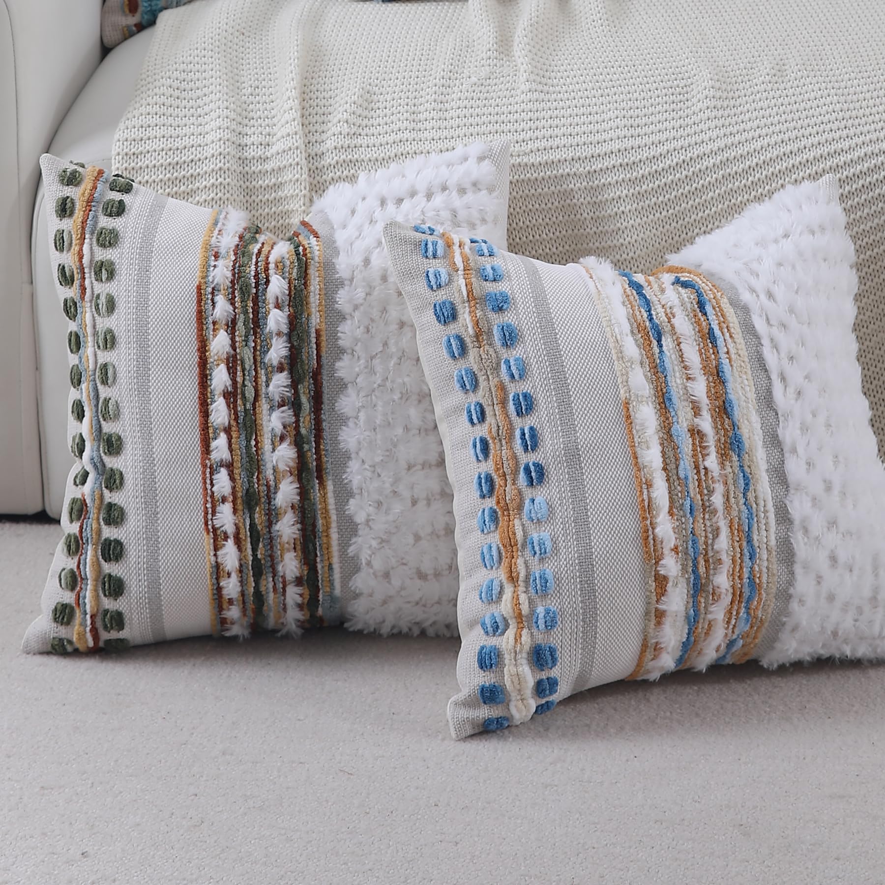 Boho Pillow Covers 18x18 Set of 2 for Couch-Modern Farmhouse Sofa Decorative Throw Pillow Covers Textured Chenille Cushion Covers Outdoor Netural Bohemian Pillow Cases Square