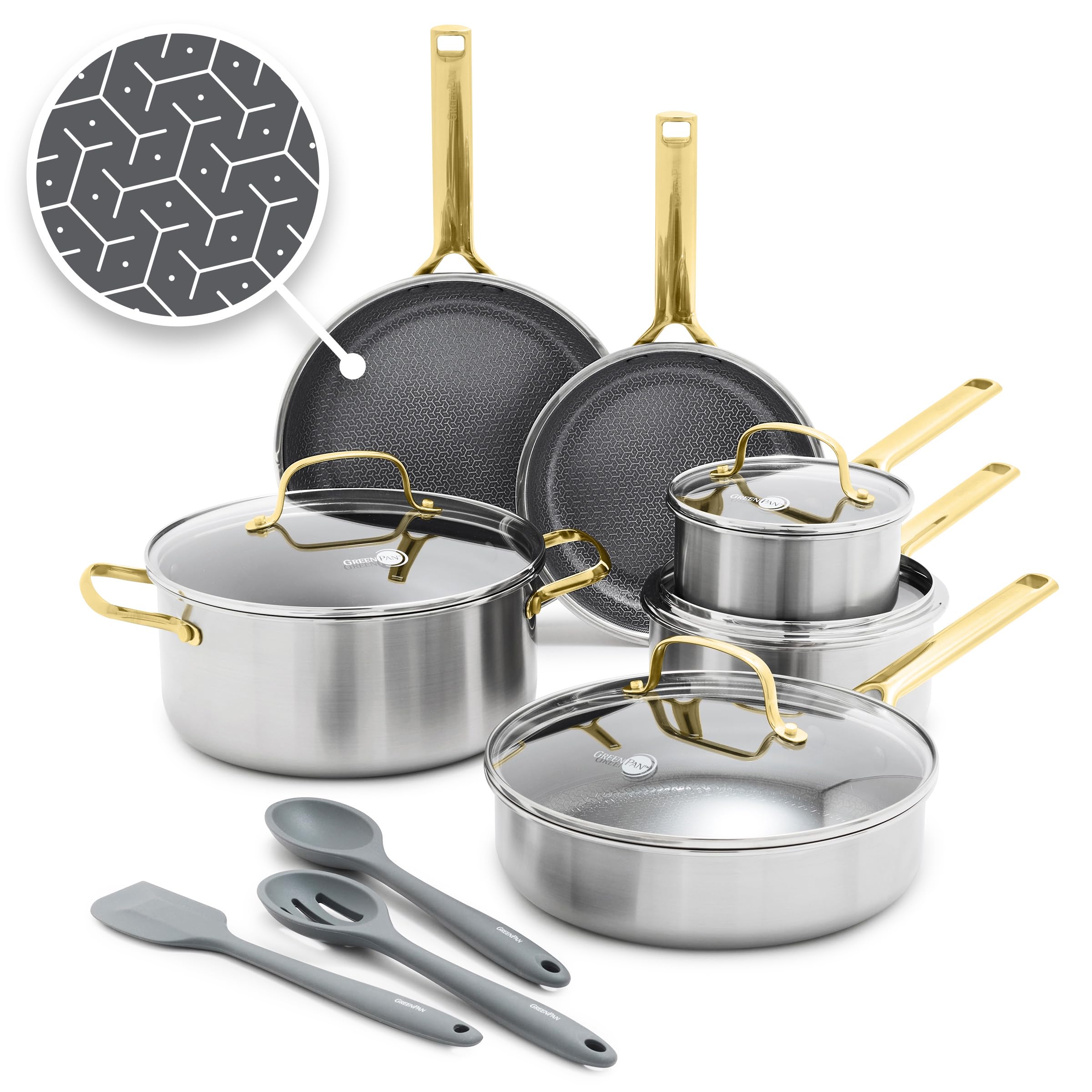 GreenPan Hybrid 9.5” & 11” Nonstick Stainless Steel Frying Pan Set, APEX Tri-Ply Thermobond PFAS-Free Ceramic Skillets, Induction & All Cooktop Compatible, Oven Temp to 850°F, Dishwasher Safe, Gold