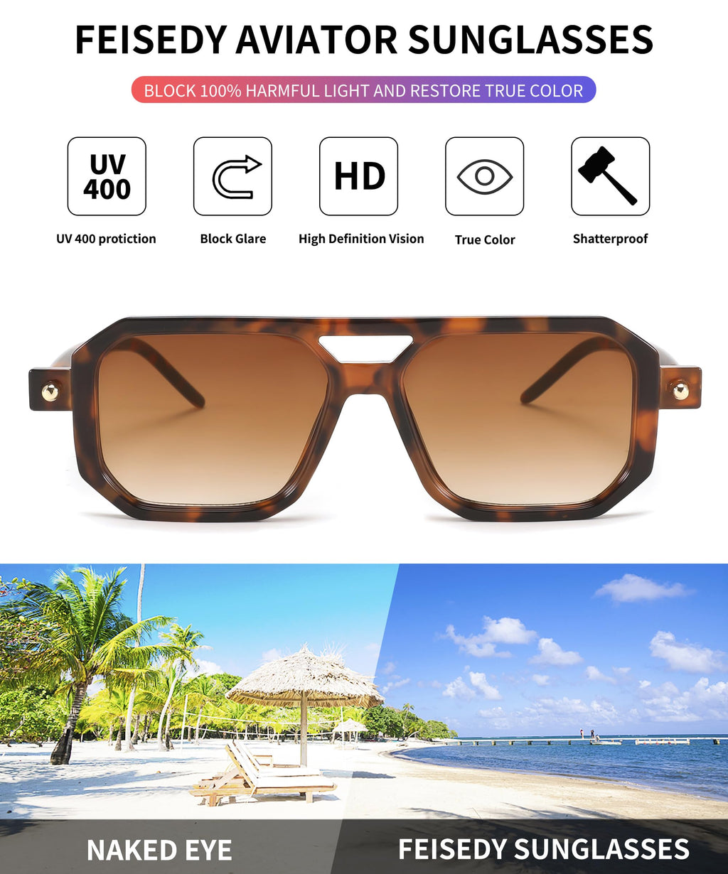 FEISEDY Vintage Square 70s Flat Aviator Sunglasses Women Men Classic Retro Stylish Frame UV400 Sunglasses B2622