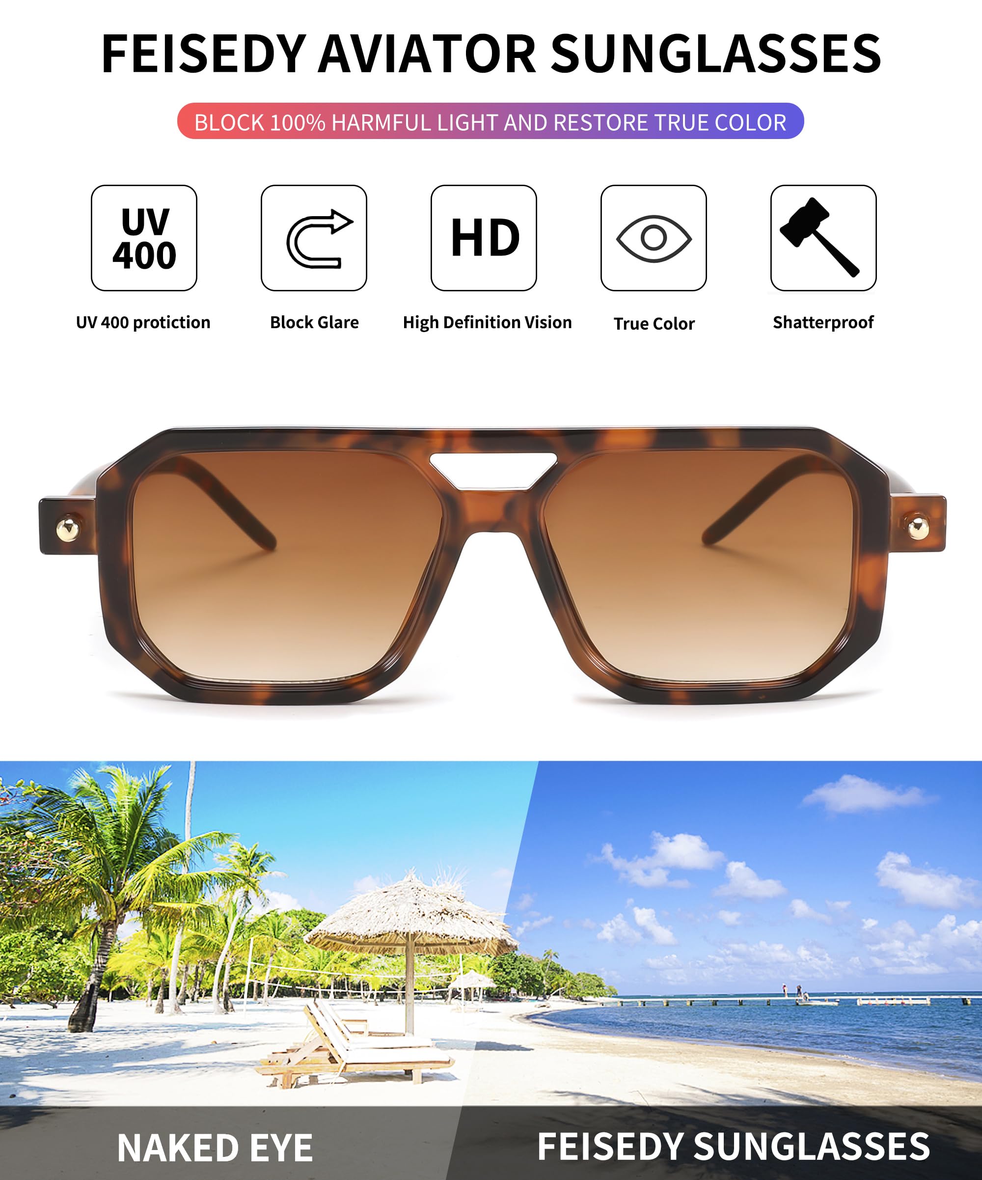 FEISEDY Vintage Square 70s Flat Aviator Sunglasses Women Men Classic Retro Stylish Frame UV400 Sunglasses B2622