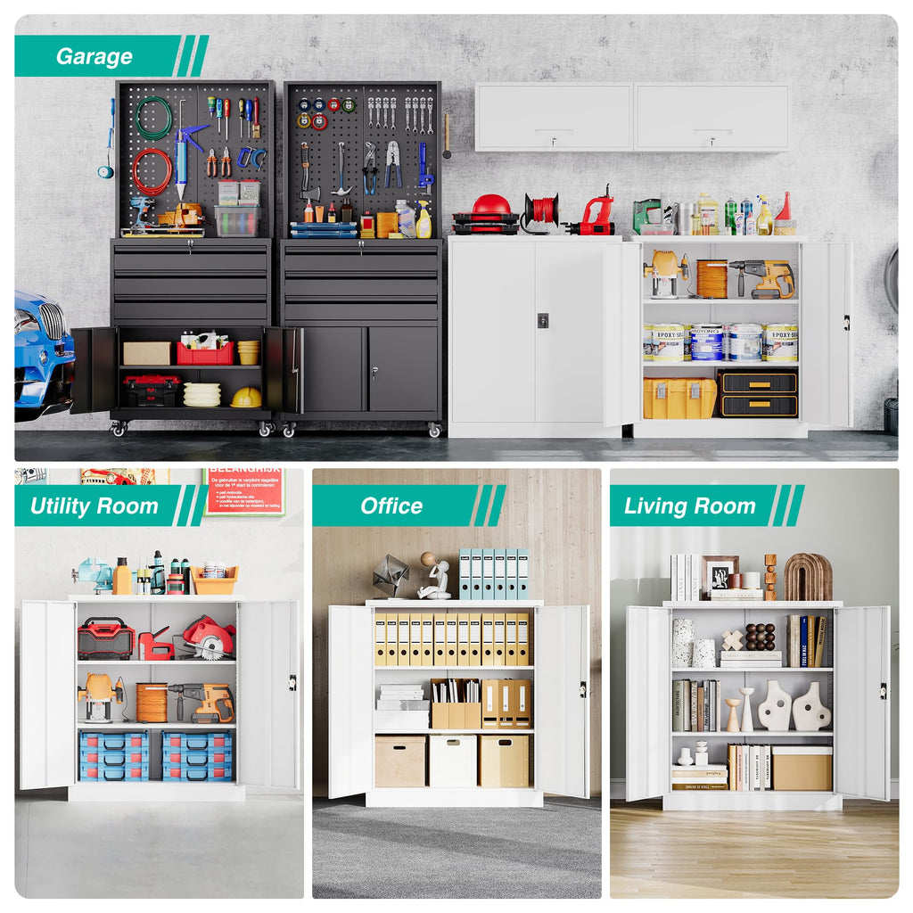 SISESOL Wide & Deep Metal Storage Cabinet with Wheels,Tall Rolling Garage Storage Cabinet with Lock,Black Metal Cabinets with Pegboards and Shelves,Tool Locker for Garage,Home,Office,43''Wx 20''Dx71"H