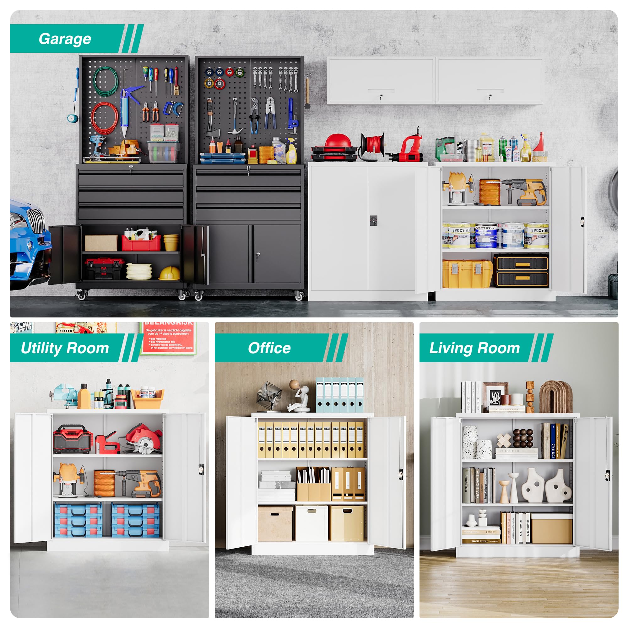 SISESOL Wide & Deep Metal Storage Cabinet with Wheels,Tall Rolling Garage Storage Cabinet with Lock,Black Metal Cabinets with Pegboards and Shelves,Tool Locker for Garage,Home,Office,43''Wx 20''Dx71"H