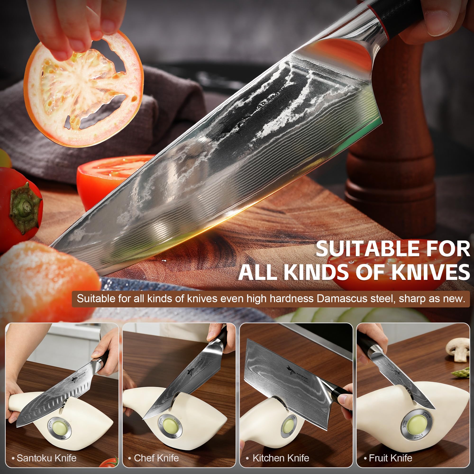 MAD SHARK 1-Button 3-Stage Knife Sharpener - Adjustable Diamond & Ceramic, No-Scratch ABS Body for All Kitchen/Pocket Knives,Repairs, Sharpens & Polishes,One-Handed Operation with Non-Slip Base