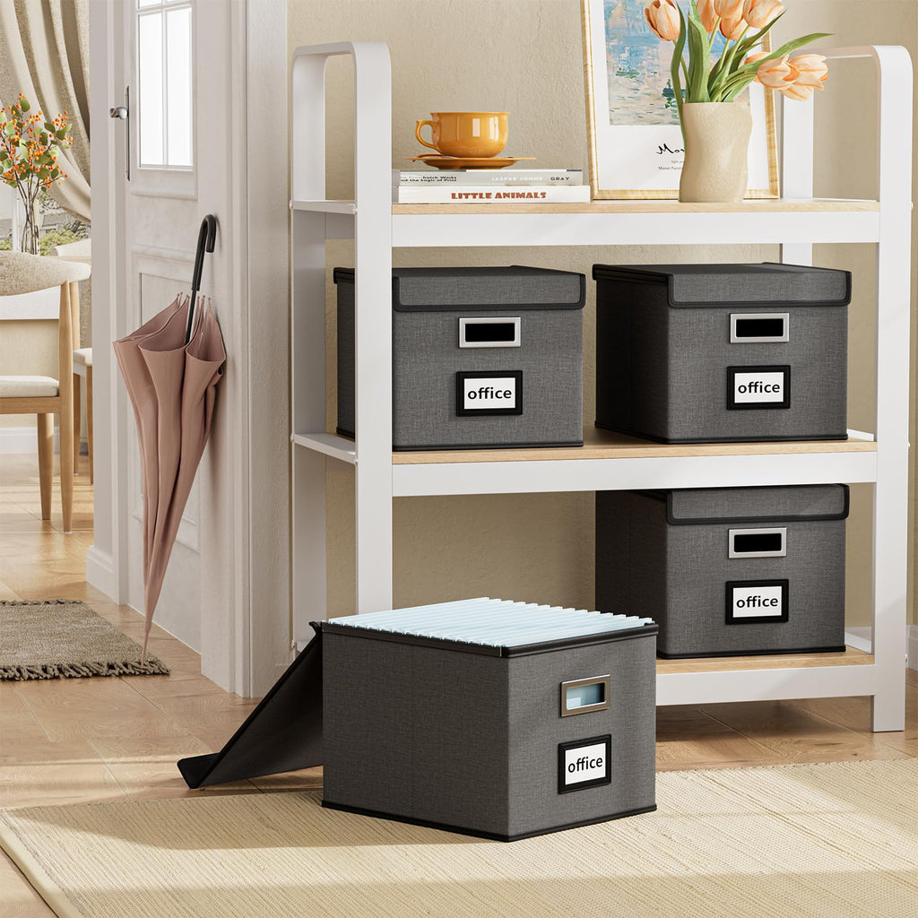 File Organizer Box with Lid, Collapsible Faux Leather Hanging File Folder Box Organizer with Plastic Slides, Decorative Home/Office Filing System Boxes for File and Folders Storage