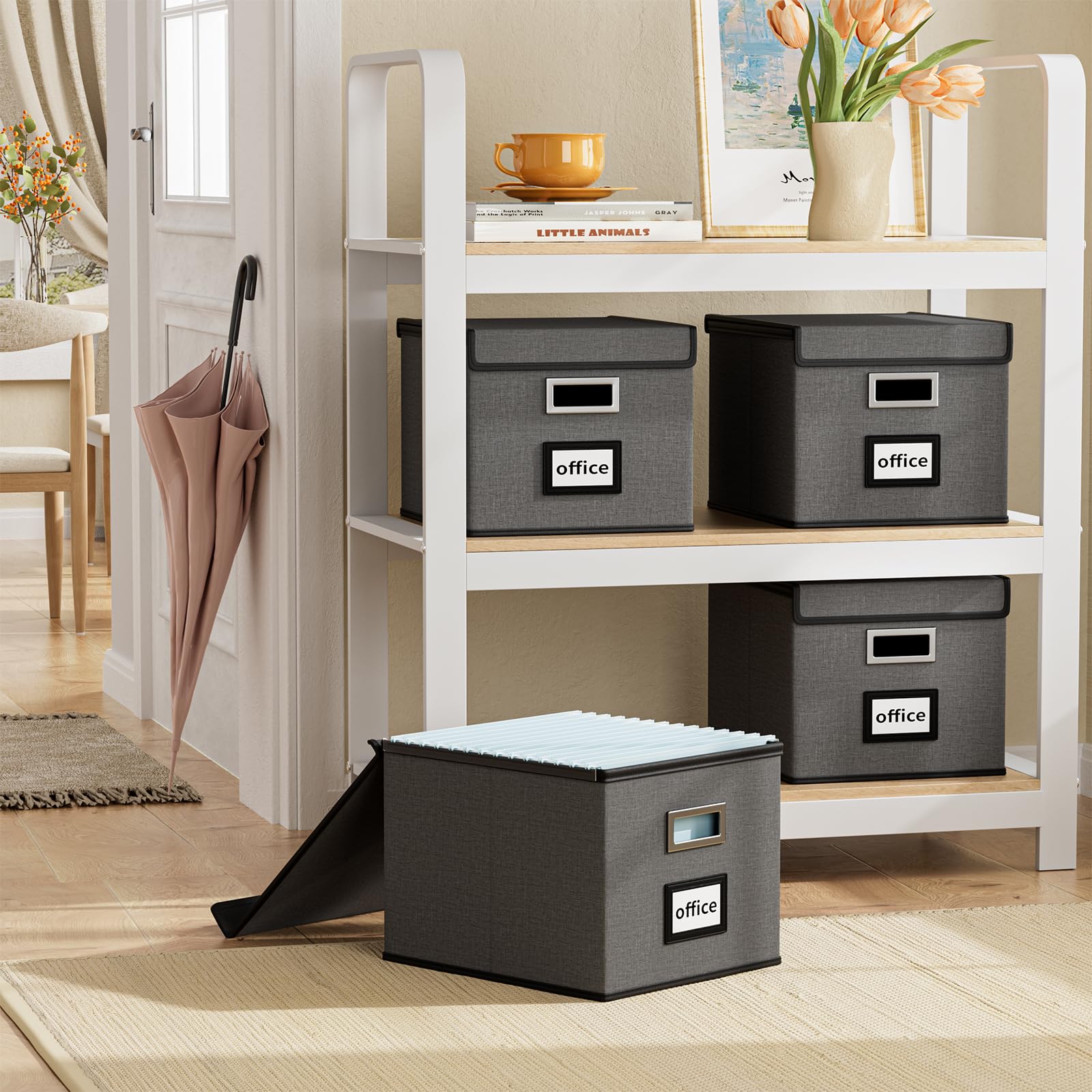 File Organizer Box with Lid, Collapsible Faux Leather Hanging File Folder Box Organizer with Plastic Slides, Decorative Home/Office Filing System Boxes for File and Folders Storage