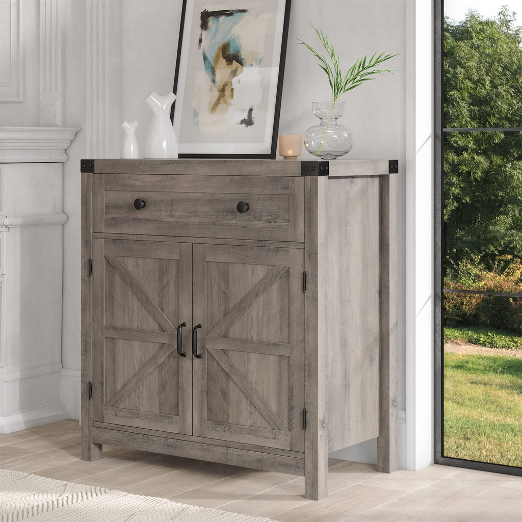 HOSTACK Coffee Bar Cabinet, Kitchen Storage Cabinet, Modern Farmhouse Buffet Sideboard with Drawer and Adjustable Shelf, Barn Door Accent Cabinets for Kitchen, Dining Room, Entryway, Ash Grey