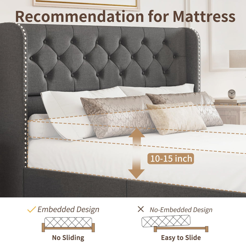 BRELTAM Full Size Bed Frame with Storage Drawers and Wingback Headboard Linen Upholstered Platform Bed Frame Tufted Beds with Heavy Duty Wood Slats, Noise Free, Easy Assembly, Beige
