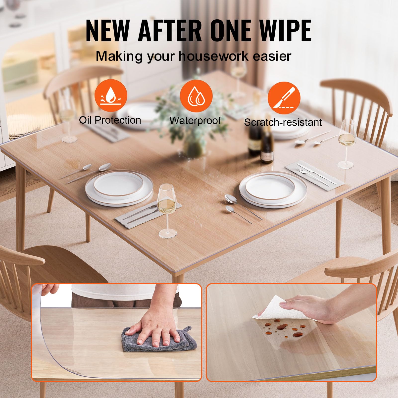 VEVOR Clear PVC Square Tablecloth, 12" x 12", 1.5mm Thick, Waterproof, Stain Resistant, Durable, Desk, Coffee Table, Dining Room Table