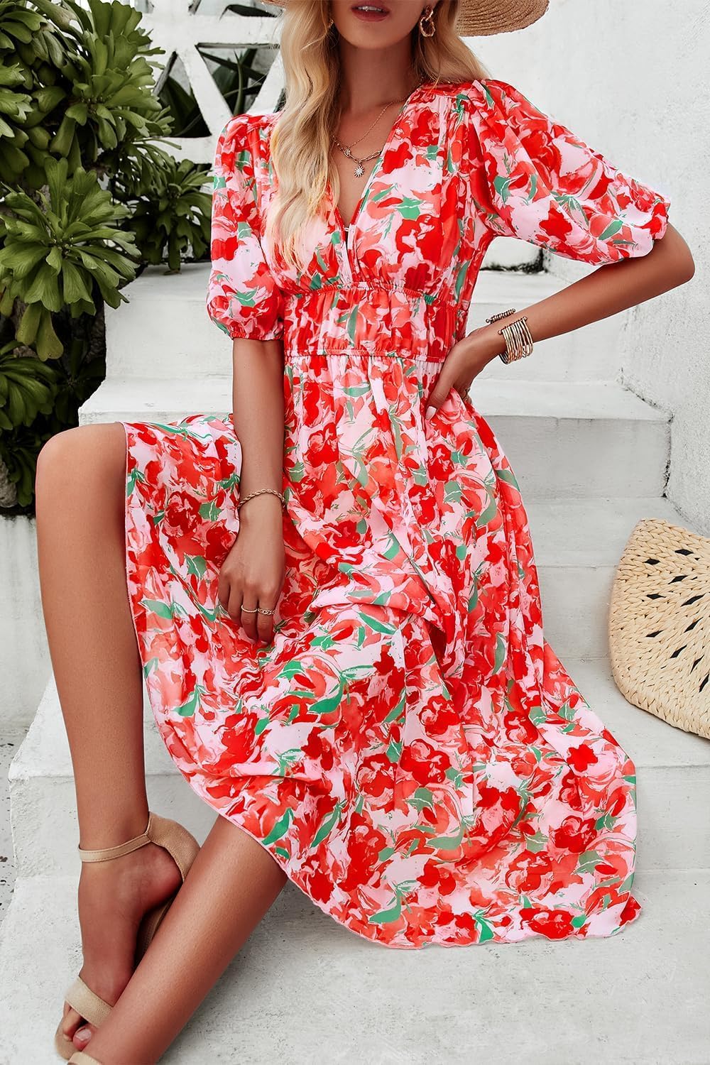 UEAL Womens Floral Flowy Wrap V Neck Midi Dress Short Sleeve Elastic Waist Casual Spring Summer Dresses for Women 2025