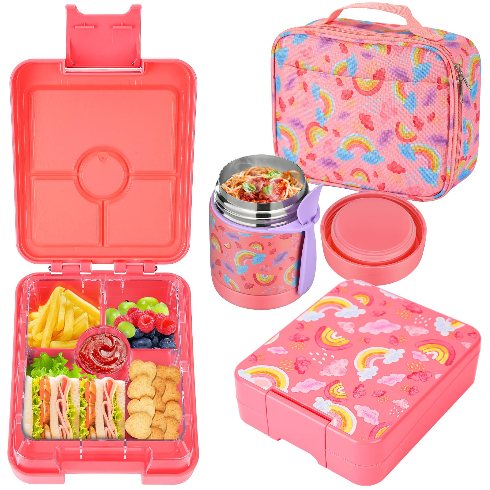 Bento Lunch Box Set for Kids with 10oz Soup Thermo, Leak-Proof Lunch Containers with 4 Compartment, Kids Thermo Hot Food Jar and Insulated Lunch Bag for Kid to School,BPA-Free(Basketball)