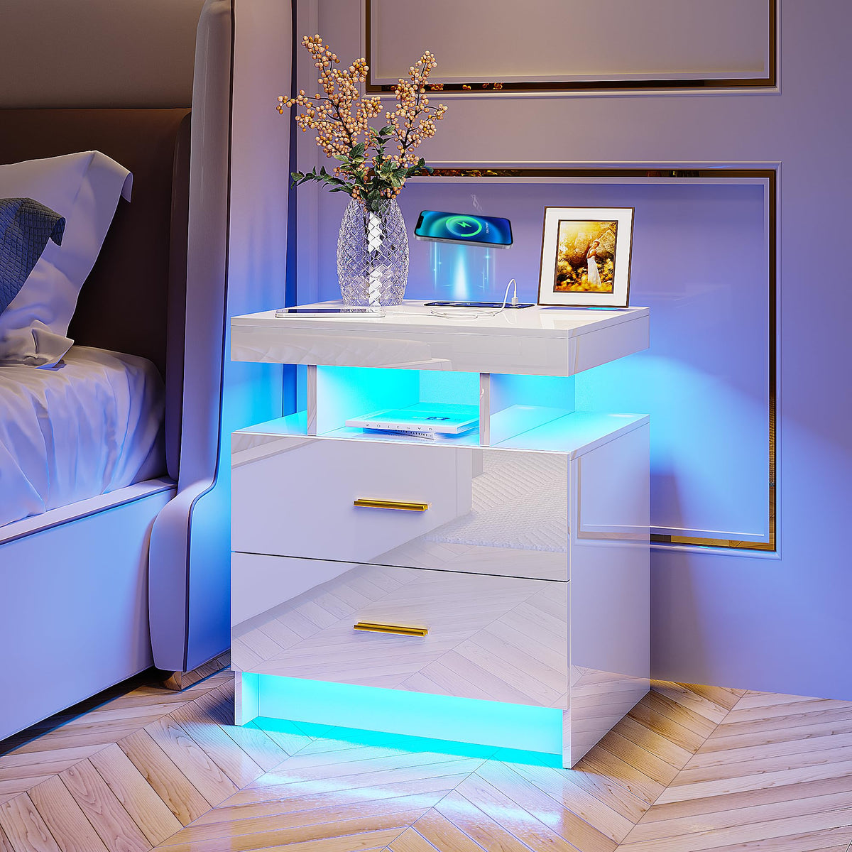 HNEBC LED Nightstand with Charging Station,Smart Bedside Table with Motion Sensor Lights,3 Drawers,Tempered Glass Top,High Gloss End Table with 3 Color Lights for Bedroom, Living Room,Office-Black