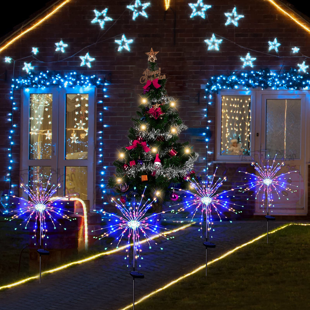 Solar Garden Firework Lights Outdoor Waterproof, 2 Pack Solar Powered Art Stake Twinkle Lighting for Outside Decor, 120 LED Sparklers String Lights for Yard Pathway Decorations(White)
