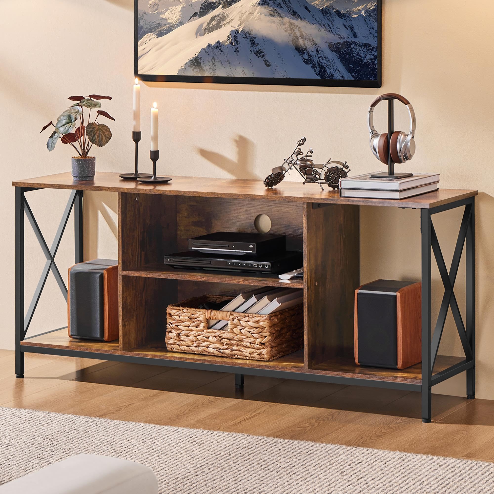 Yaheetech Industrial TV Stand for 55 Inch TV, Entertainment Center Media Console Table with Open Storage for Living Room, Wood Modern Furniture, Gray