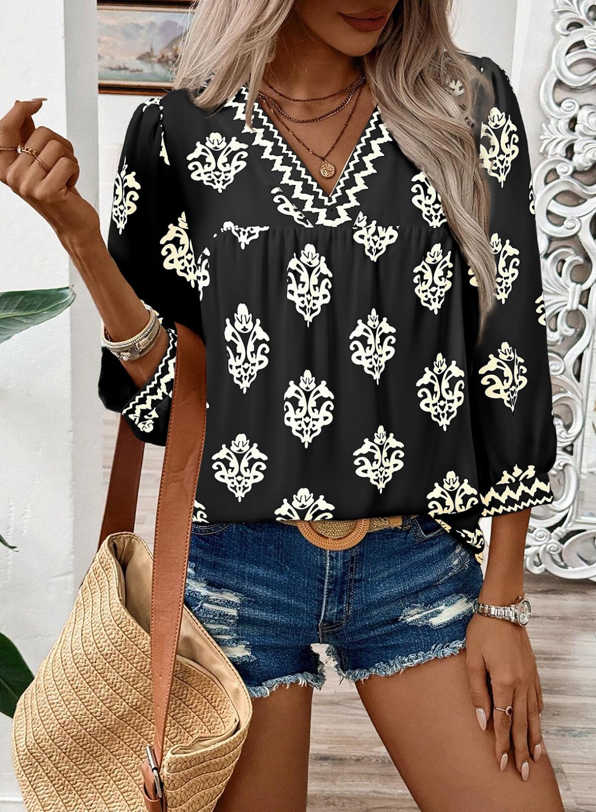 SHEWIN Women's Casual V Neck Floral Print Chiffon Blouses 3/4 Sleeve Boho Summer Tops Shirts