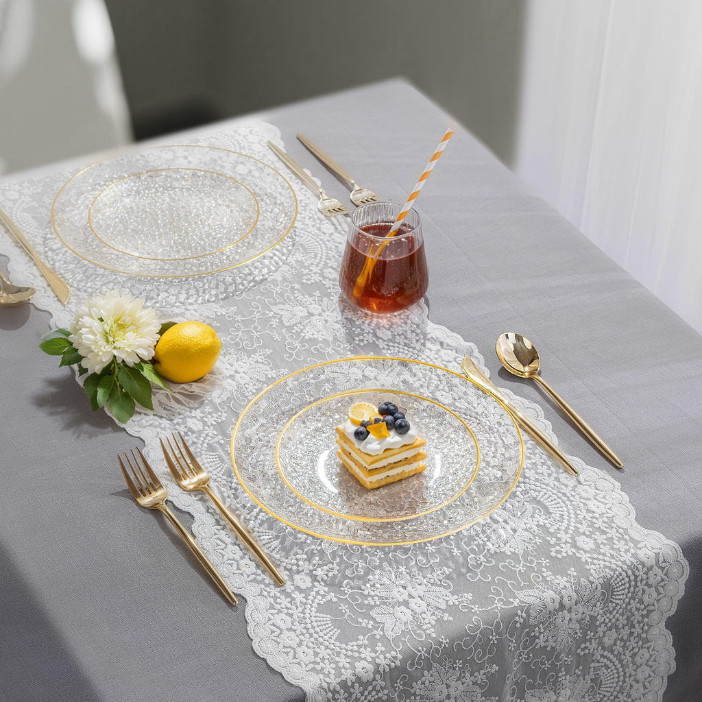 Rubtlamp 100Pcs Amber Gold Plastic Plates, Disposable Plates With Gold Rim, Heavy-duty Party Platos, Hammered Plastic Plates Include 50 Clear Dessert Plates, 50 Dinner Plates for Party