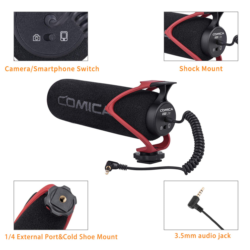 COMICA CVM-V30 LITE Video Microphone,Super-Cardioid Condenser On-Camera Shotgun Microphone for Canon Nikon Sony Panasonic DSLR Cameras,Mic for iPhone Android Smartphone with 3.5mm Jack(Black)