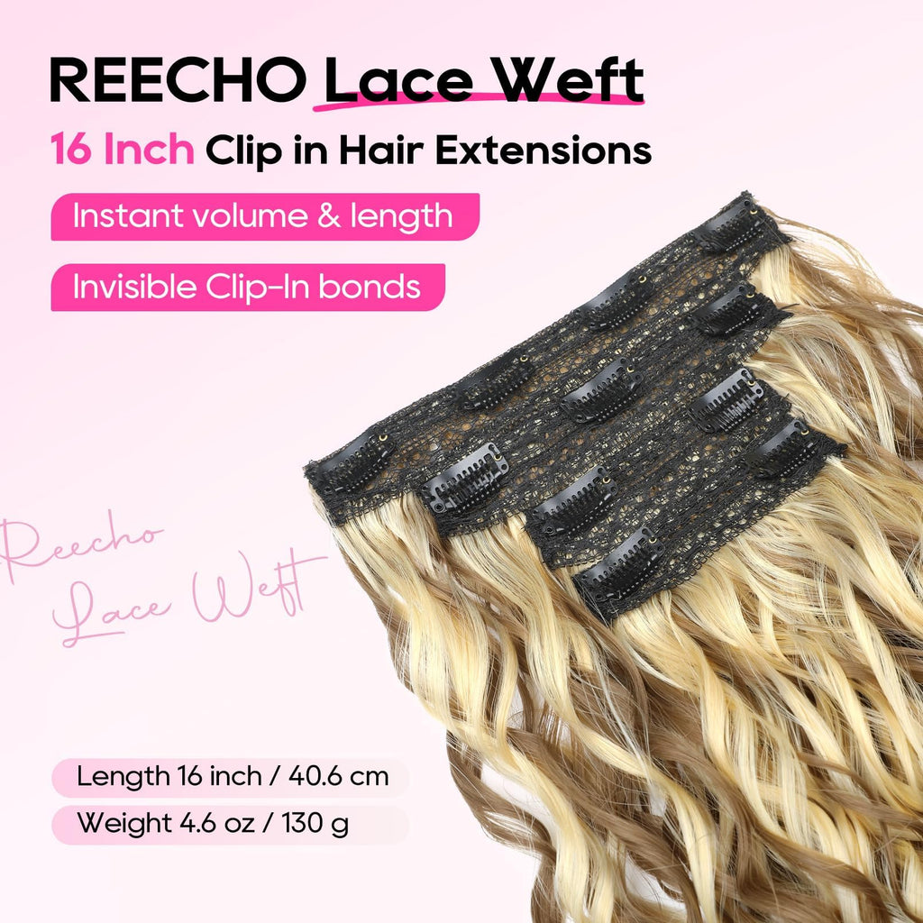 REECHO Curly Hair Extensions, 4PCS 16 inch Clip in Hair Extensions Lace Weft Short Curly Hair Extensions Clip Ins Invisible Natural Hairpieces for Women, Ash Blonde with Highlights