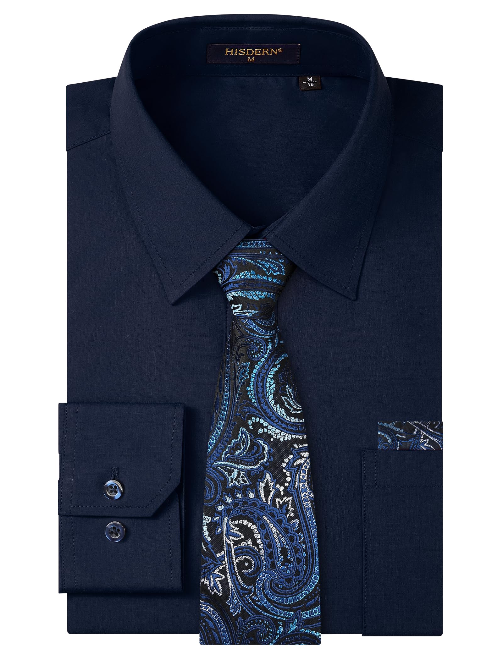 HISDERN 503 Mens Dress Shirt Slim Fit Long Sleeve Button Down Wrinkle Free Set with Tie Pocket Square Formal Business Wedding