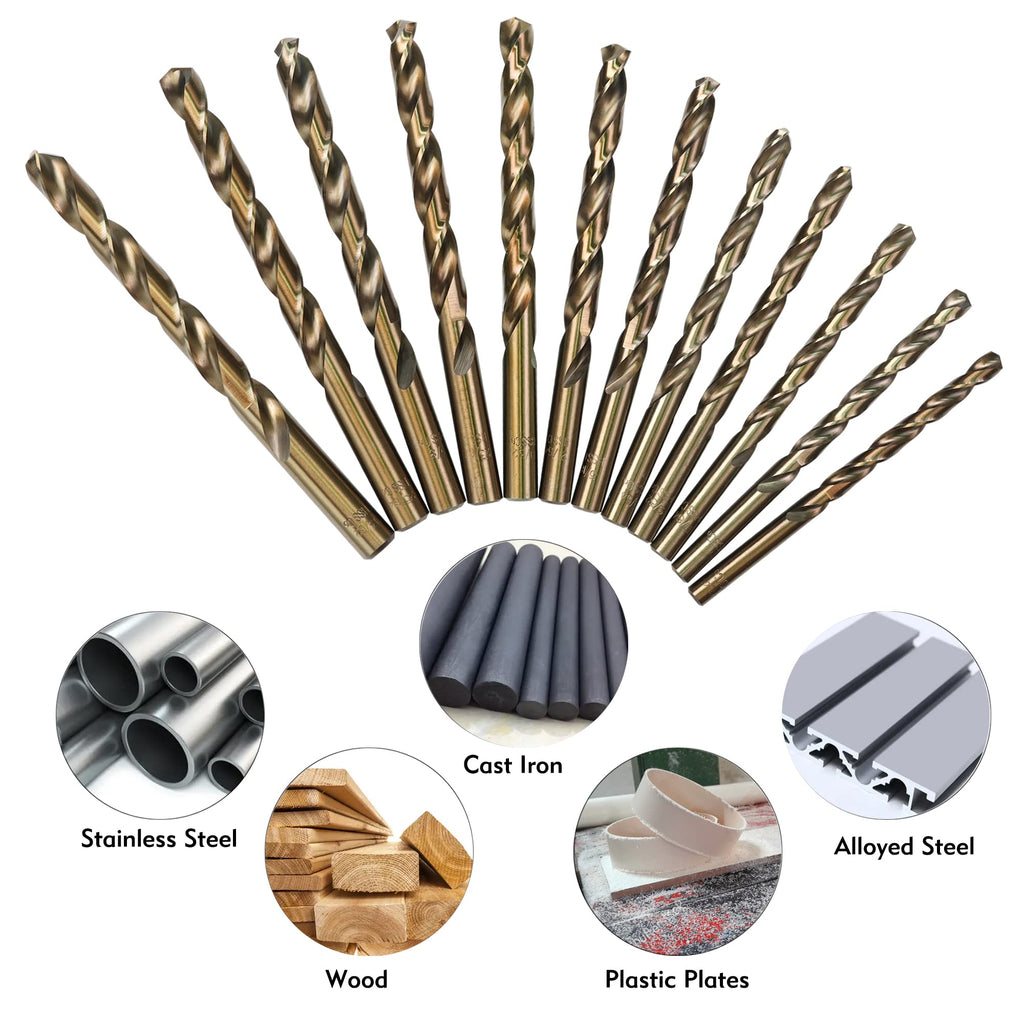 GMTOOLS 13Pcs Cobalt Drill Bits Set, M35 HSS 135 Degree Tip, Twist Jobber Length Drill Bit Kit for Hardened Metal, Cast Iron, Stainless Steel, Plastic and Wood with Storage Case 1/16"-1/4"