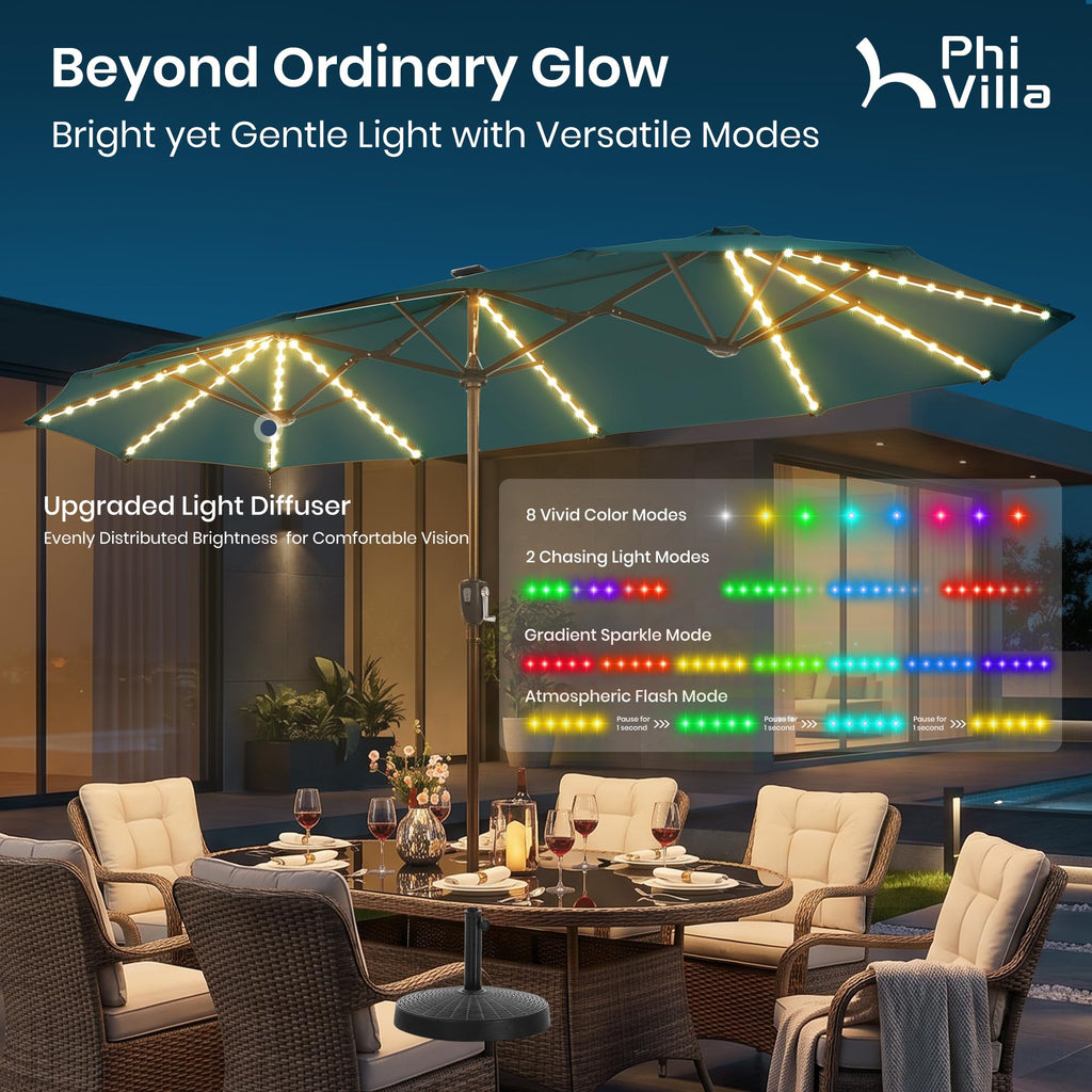 PHI VILLA 13ft Patio Umbrella with Solar-Powered 120 PCS LED Color-Changing Lights, Triple-Head Large Rectangle Umbrella Outdoor Patio for Table with Crank Lift,Beige(No Base)