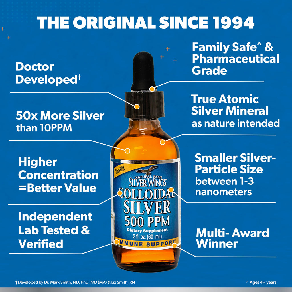 Natural Path Silver Wings Colloidal Silver 500PPM, Amber Brown Liquid Immune Support, 1 Fl Oz (Pack of 1)
